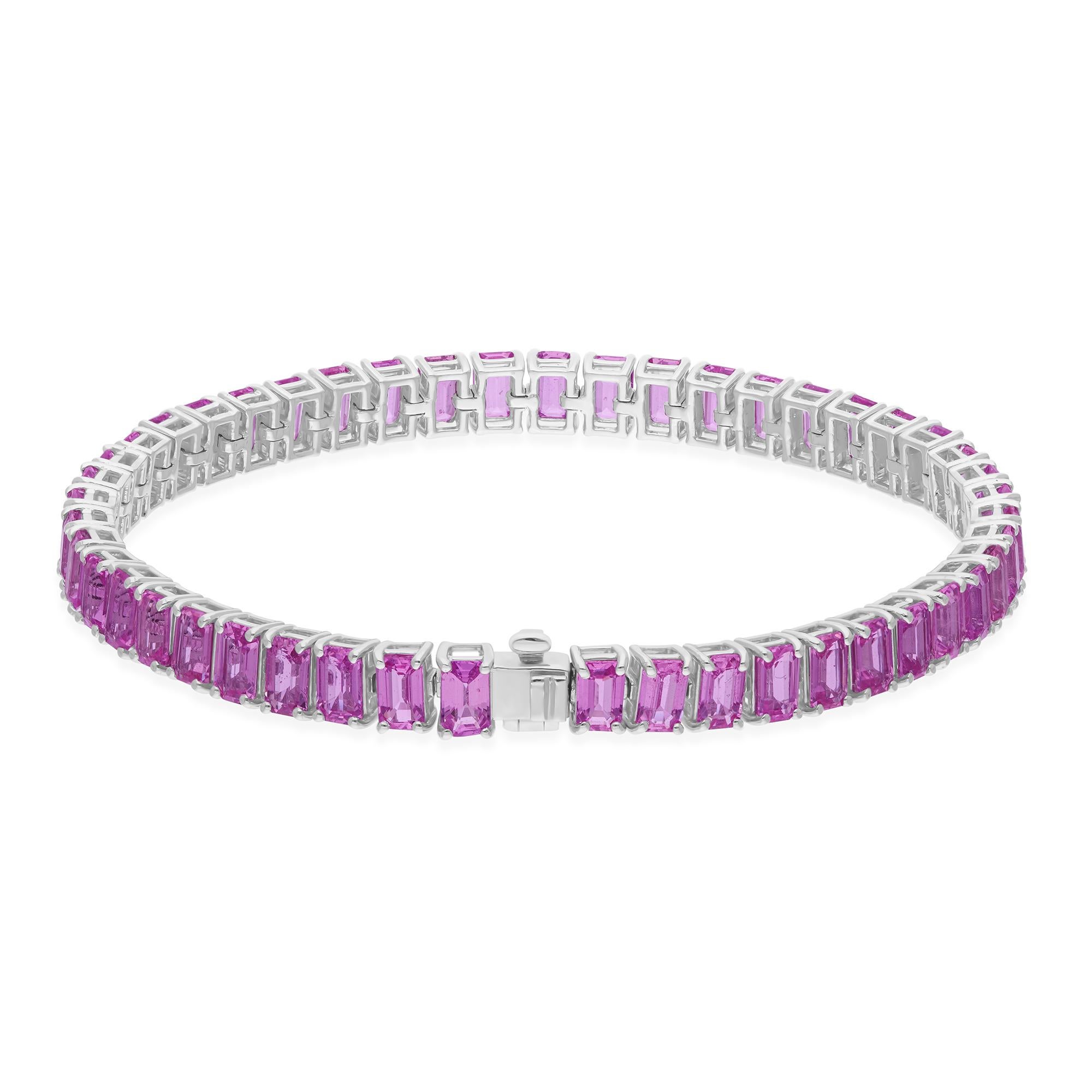 Women's Natural 15.28 Carat Emerald Cut Pink Sapphire Fine Bracelet 18 Karat White Gold For Sale