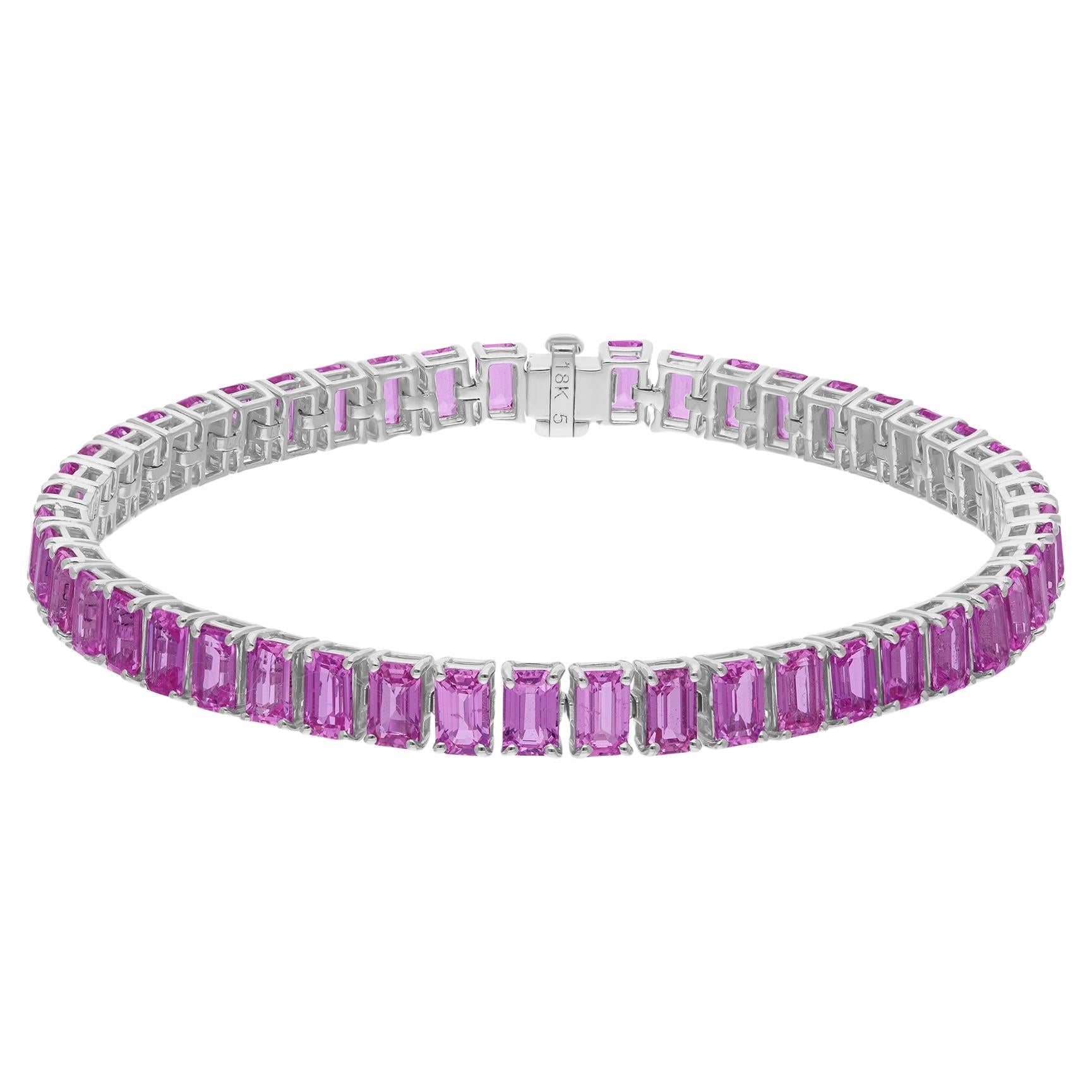 Natural 15.28 Carat Emerald Cut Pink Sapphire Fine Bracelet 18 Karat White Gold For Sale