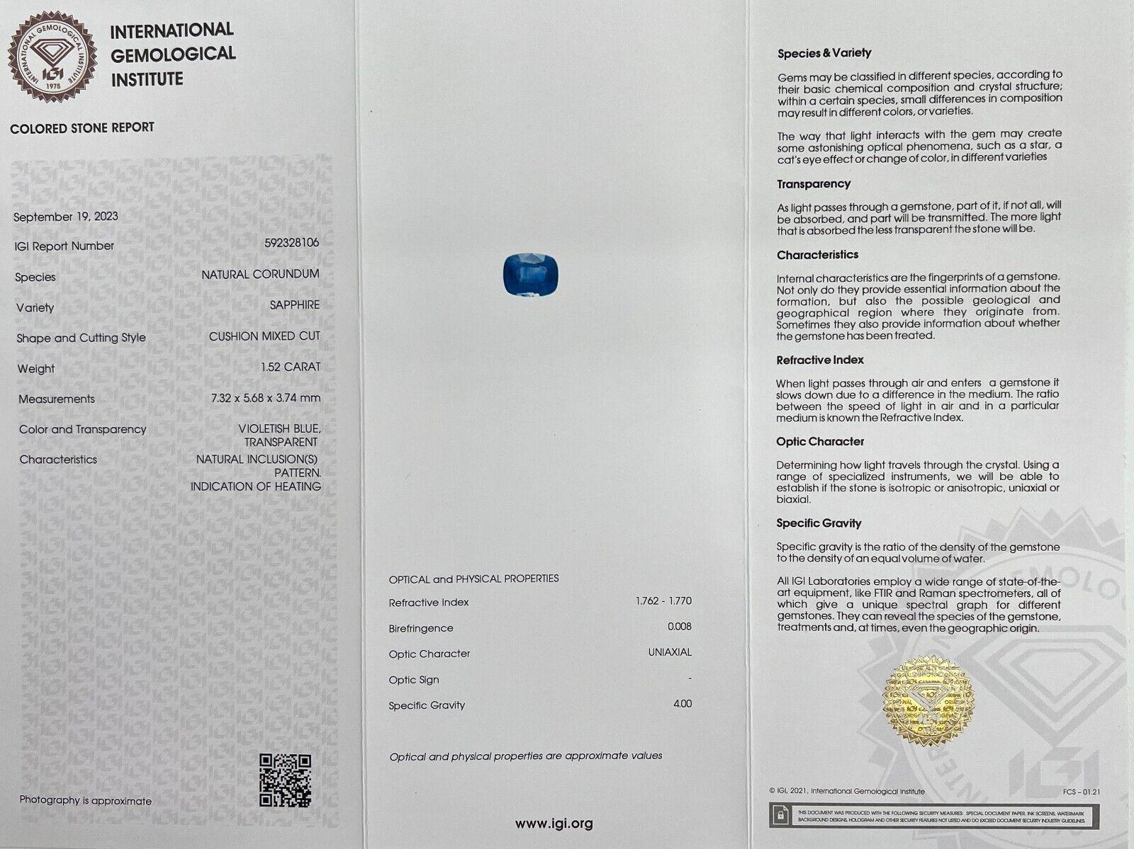 Natürlicher 1,52 Karat Violett Blauer Saphir Antiker Kissenschliff Seltener IGI zertifiziert im Angebot 2
