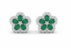 Designer 14K White Gold Emerald and Diamond Halo Earrings, 1.52ct