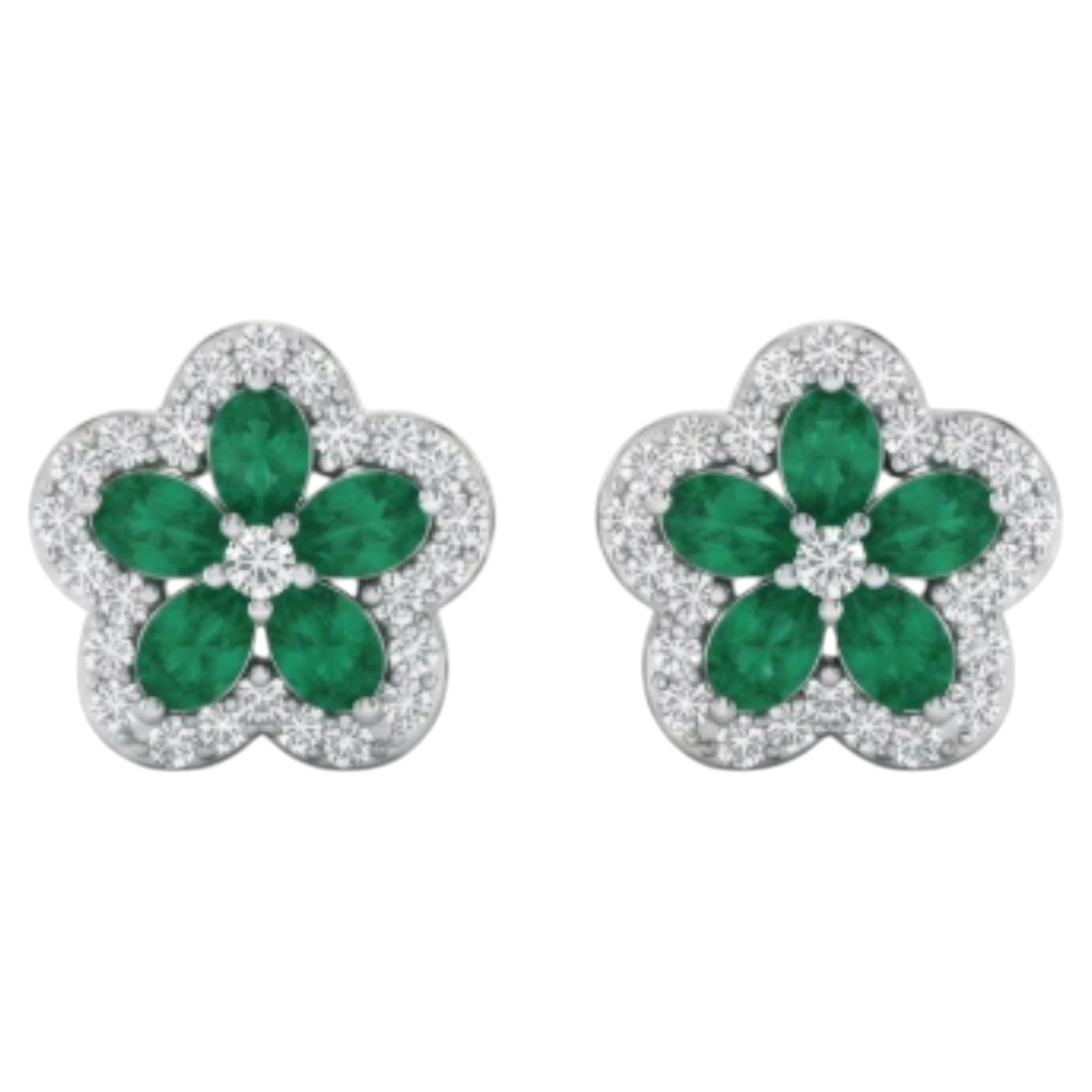 Designer 14K White Gold Emerald and Diamond Halo Earrings, 1.52ct