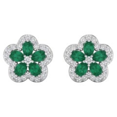 Designer 14K White Gold Emerald and Diamond Halo Earrings, 1.52ct