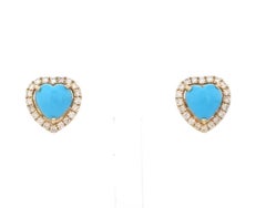 Natural 14K Gold Turquoise Heart Cabochon & Diamond Earrings, 1.83ct