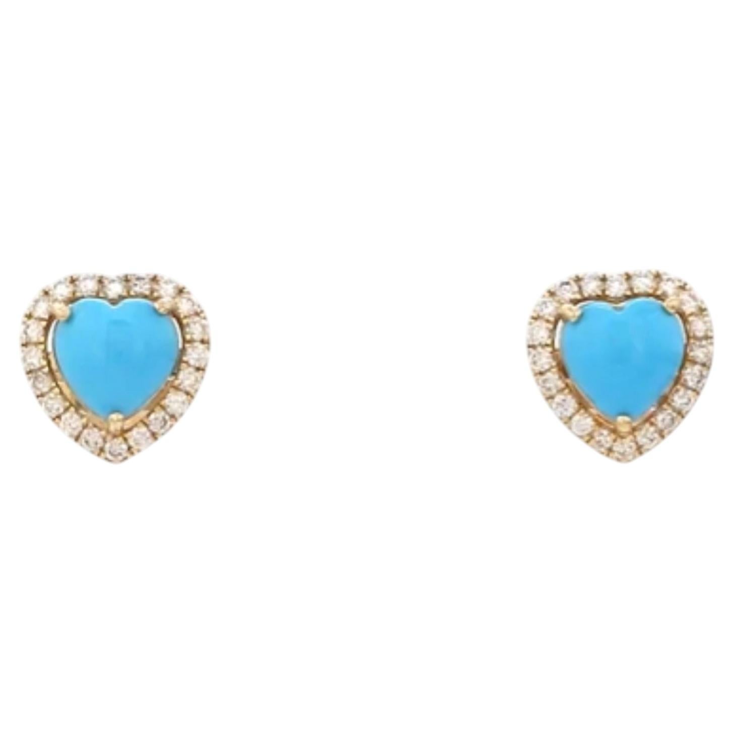 Natural 14K Gold Turquoise Heart Cabochon & Diamond Earrings, 1.83ct