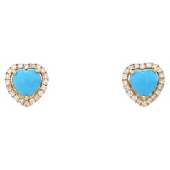 Natural 14K Gold Turquoise Heart Cabochon & Diamond Earrings, 1.83ct