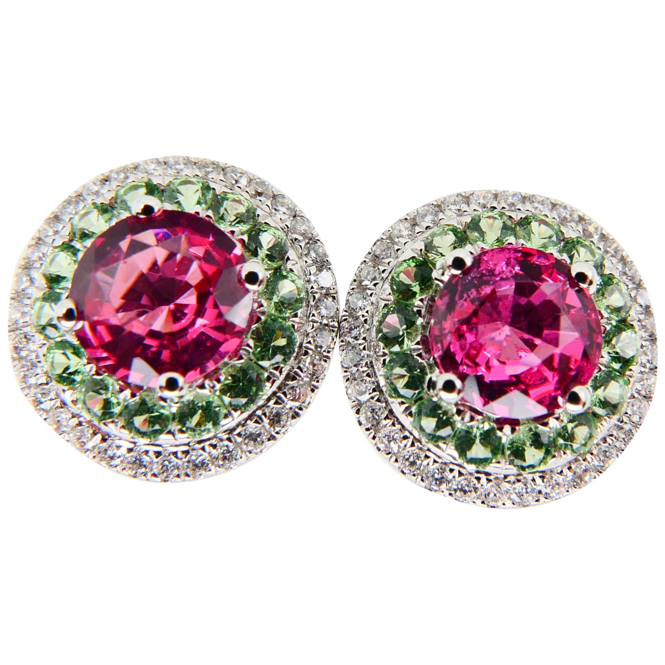 Natural 1.53 Carat Vivid Neon Pink Spinel Peridot and Diamond Earrings, 18k Gold