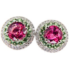 Natural 1.53 Carat Vivid Neon Pink Spinel Peridot and Diamond Earrings, 18k Gold