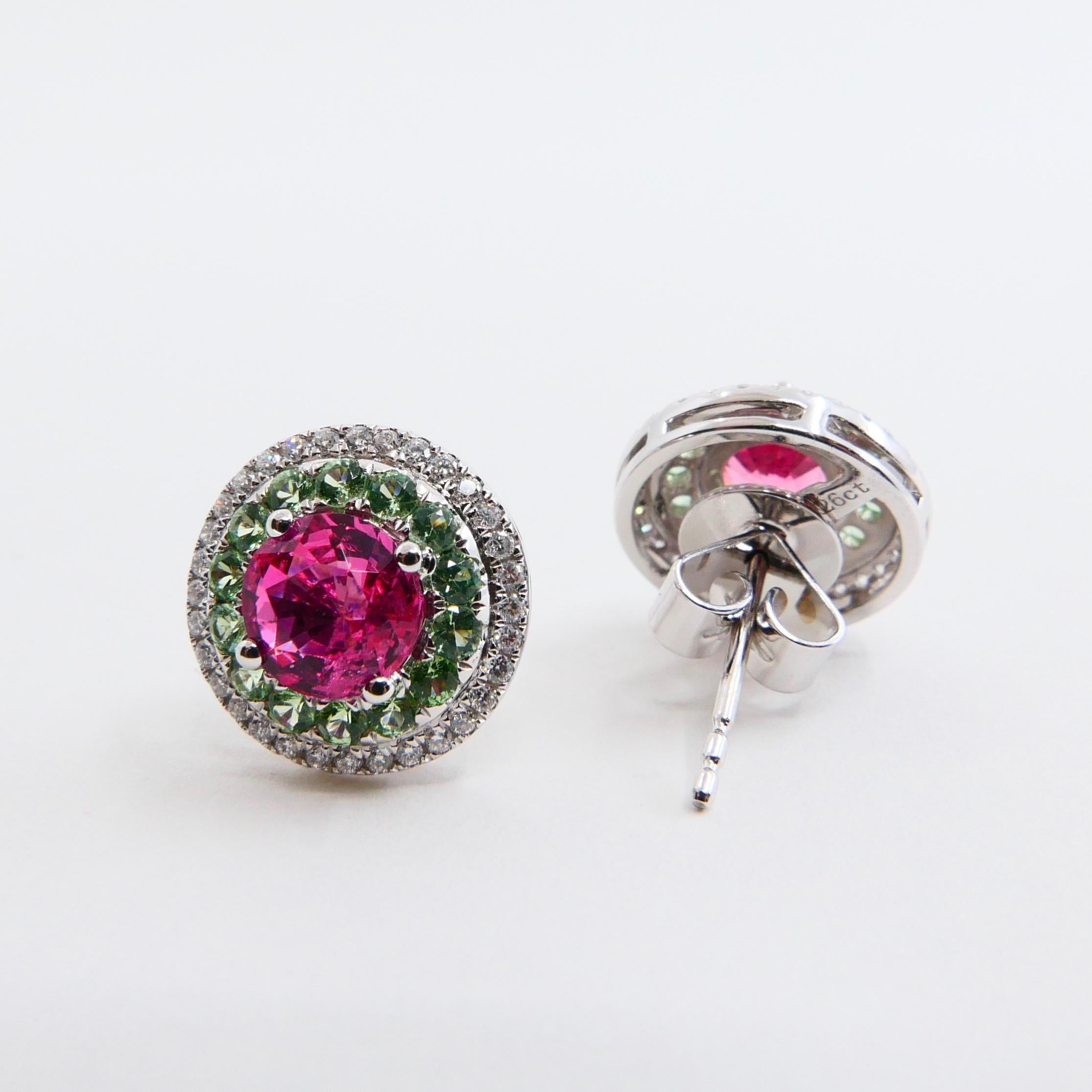 Natural 1.53 Carat Vivid Neon Pink Spinel Peridot and Diamond Earrings, 18k Gold 1