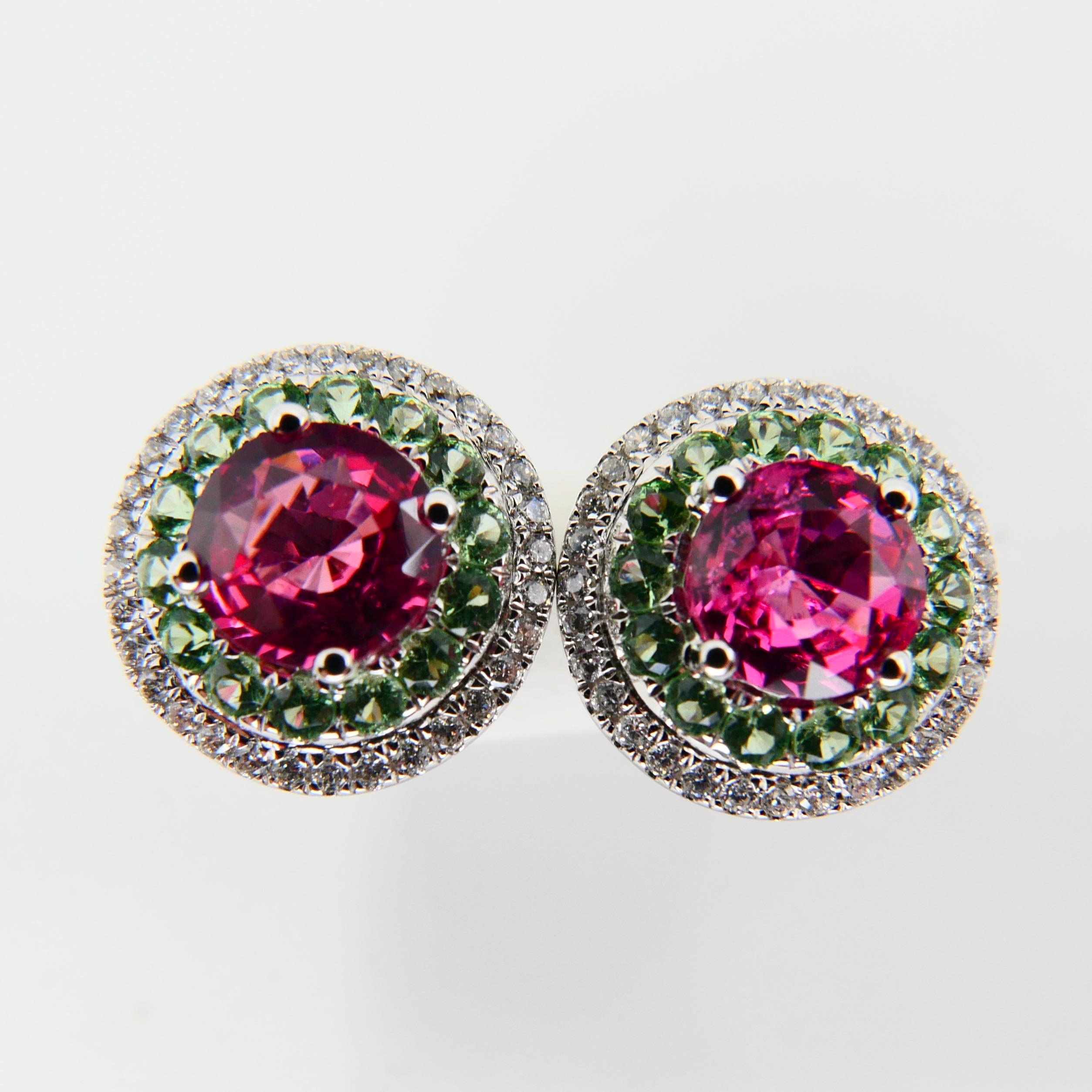 Natural 1.53 Carat Vivid Neon Pink Spinel Peridot and Diamond Earrings, 18k Gold 2