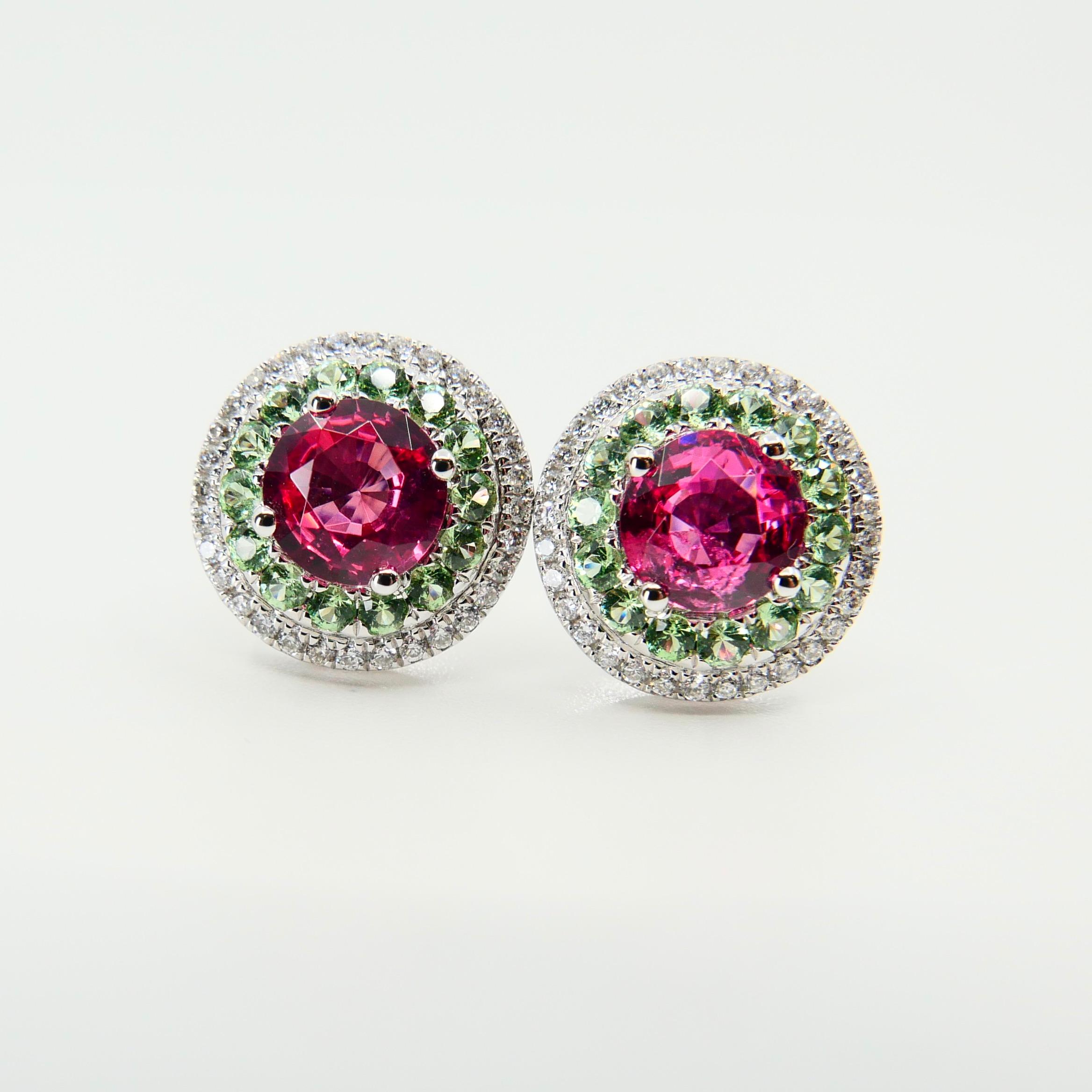 Natural 1.53 Carat Vivid Neon Pink Spinel Peridot and Diamond Earrings, 18k Gold 3
