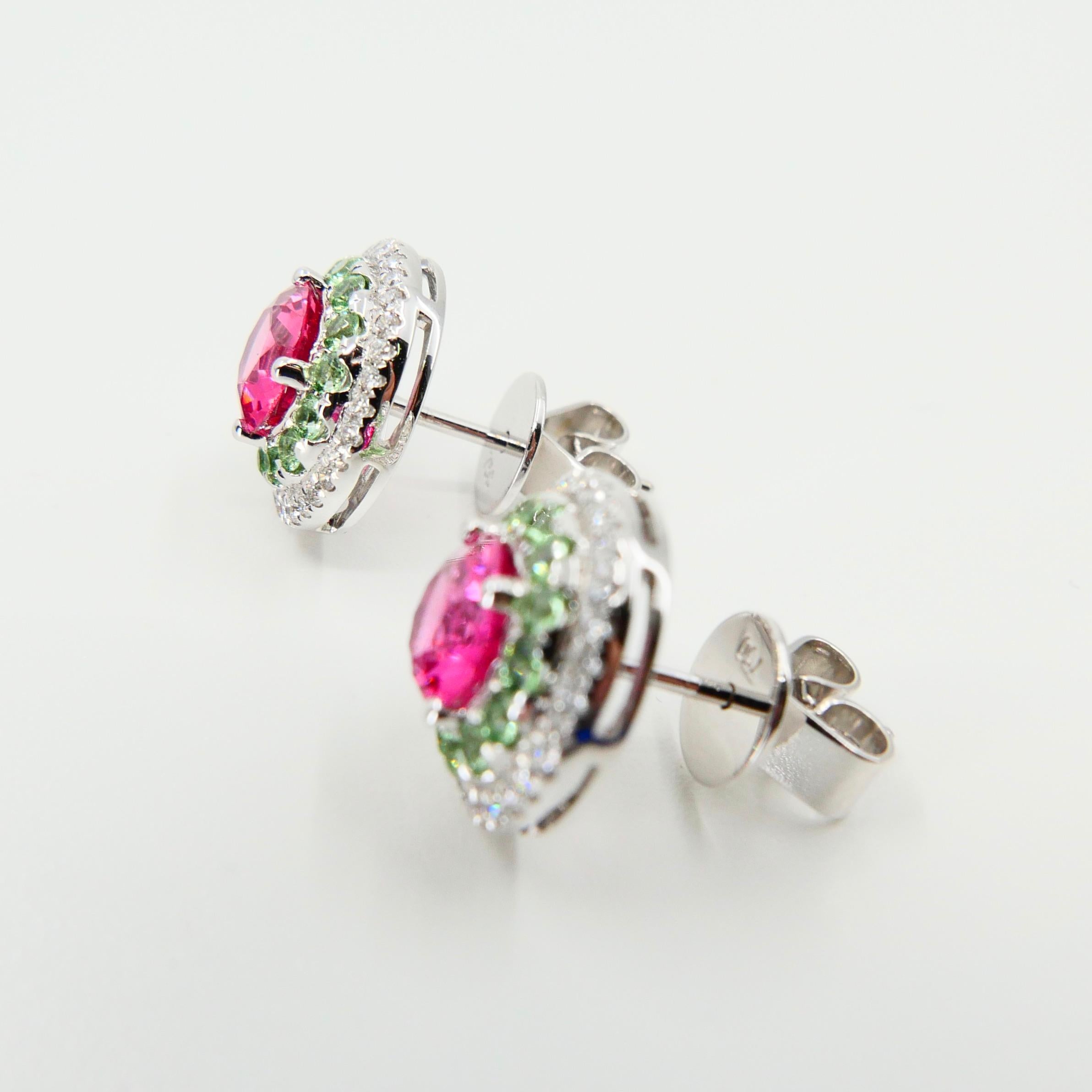Natural 1.53 Carat Vivid Neon Pink Spinel Peridot and Diamond Earrings, 18k Gold 4