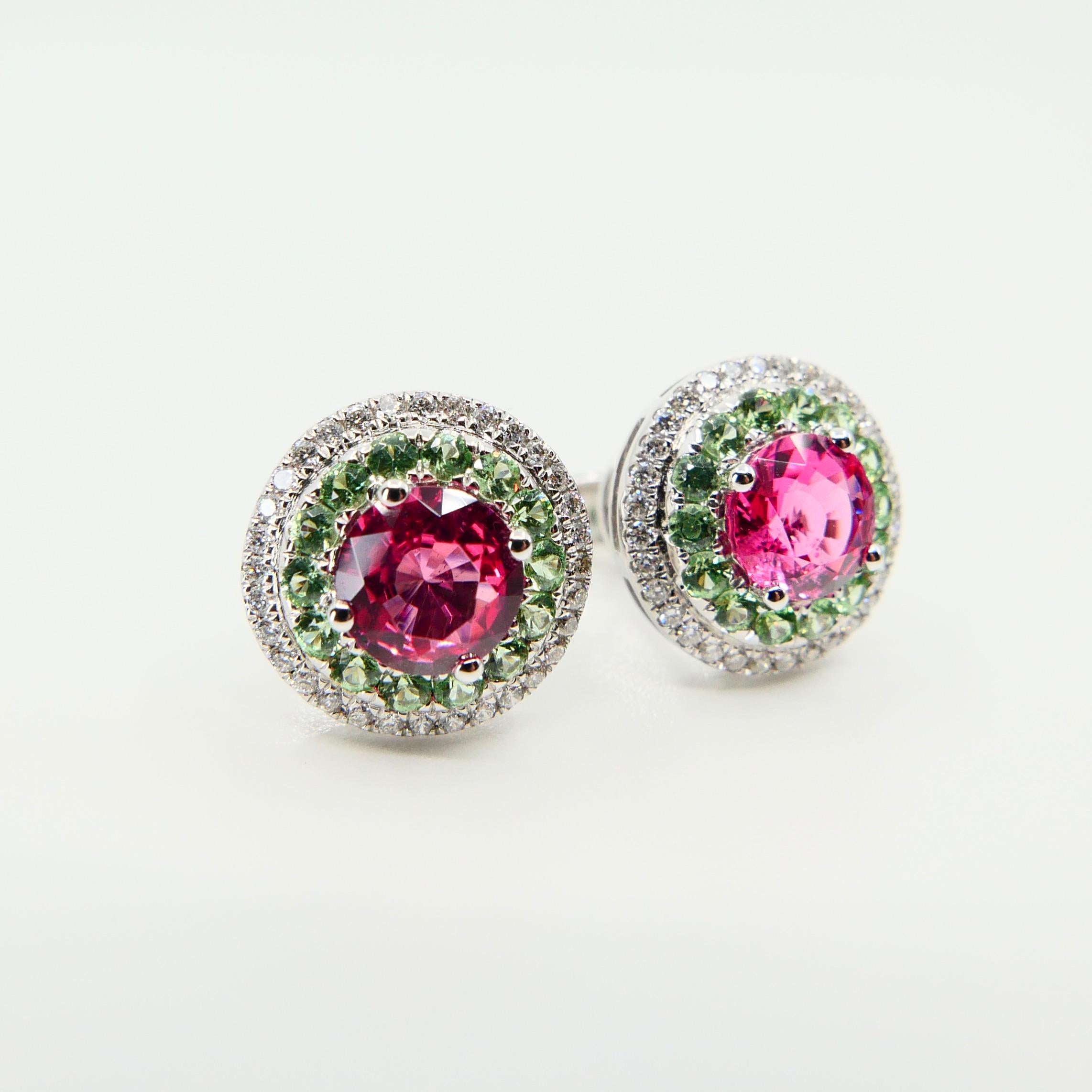 Natural 1.53 Carat Vivid Neon Pink Spinel Peridot and Diamond Earrings, 18k Gold 5