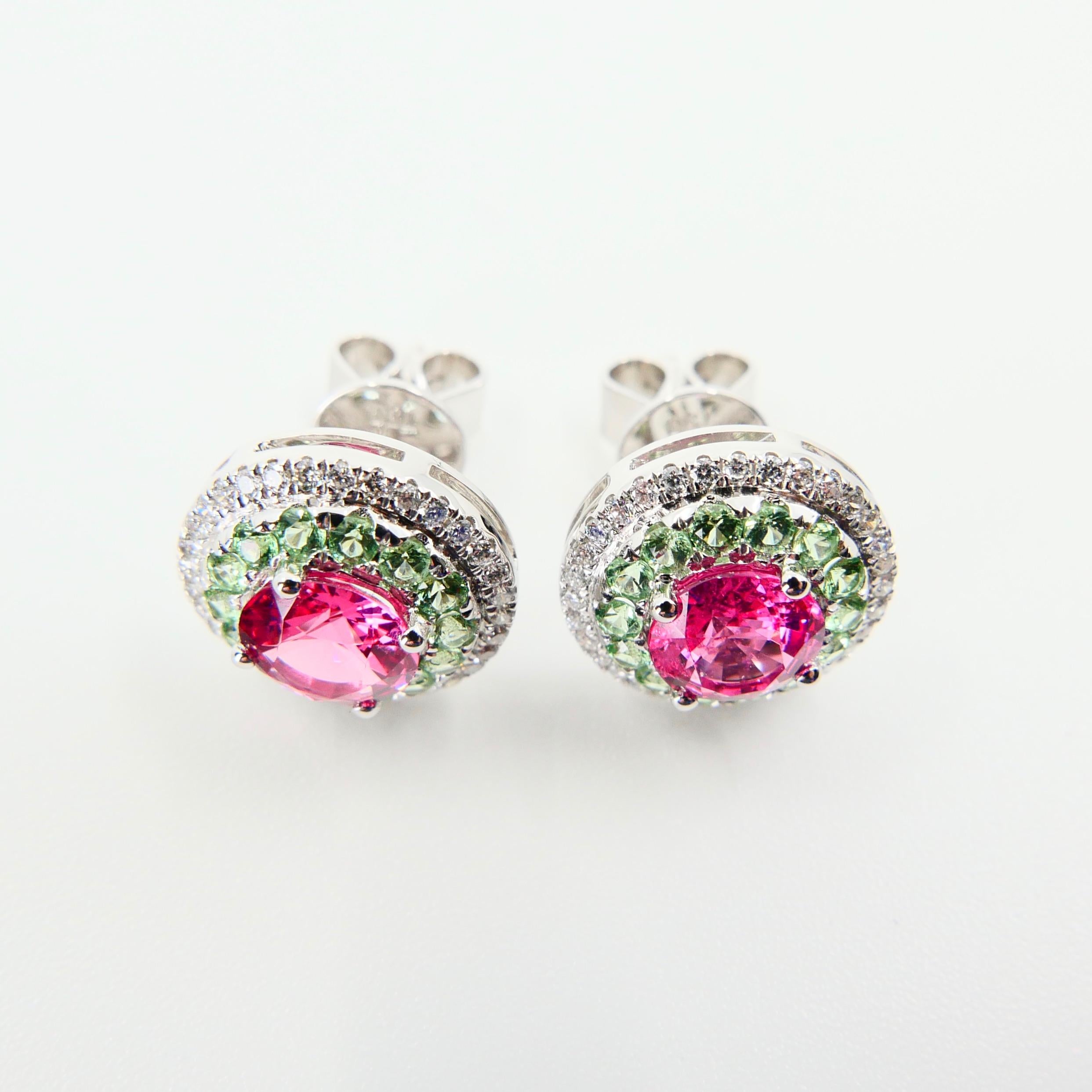Contemporary Natural 1.53 Carat Vivid Neon Pink Spinel Peridot and Diamond Earrings, 18k Gold