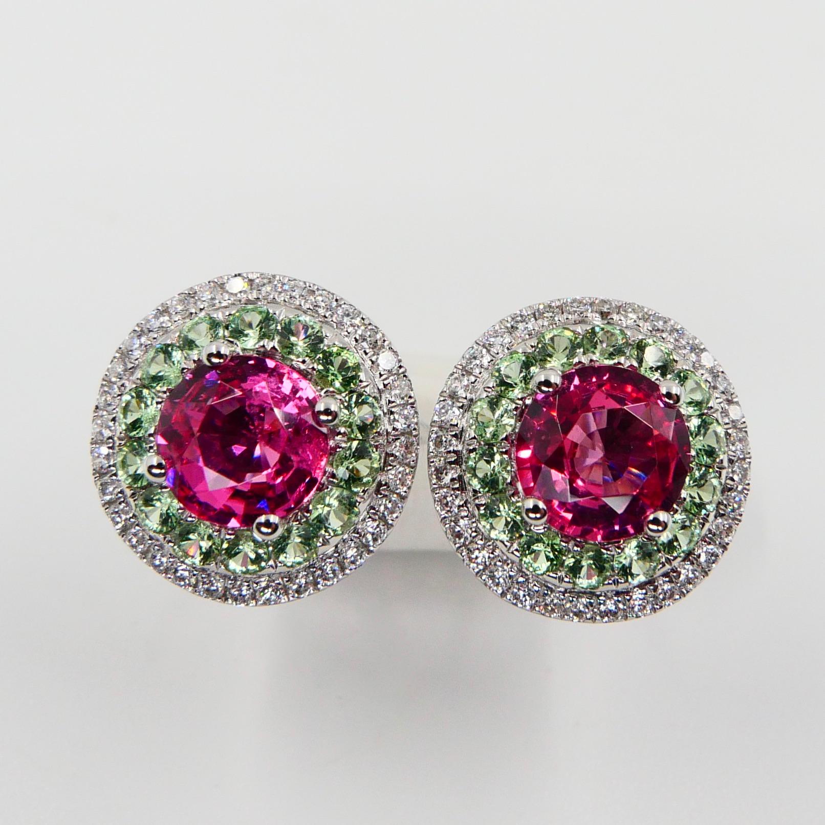 Natural 1.53 Carat Vivid Neon Pink Spinel Peridot and Diamond Earrings, 18k Gold In New Condition In Hong Kong, HK