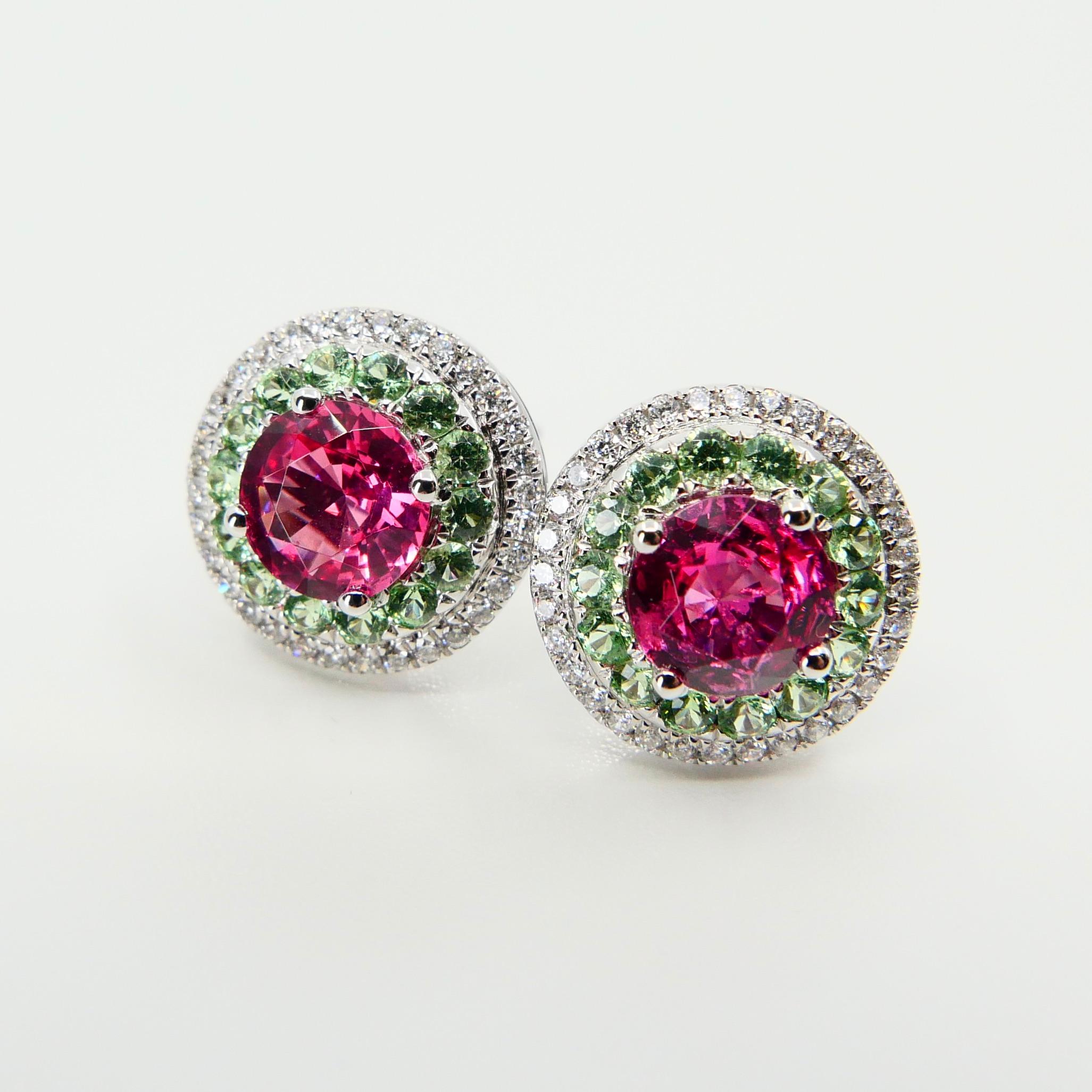 Women's Natural 1.53 Carat Vivid Neon Pink Spinel Peridot and Diamond Earrings, 18k Gold