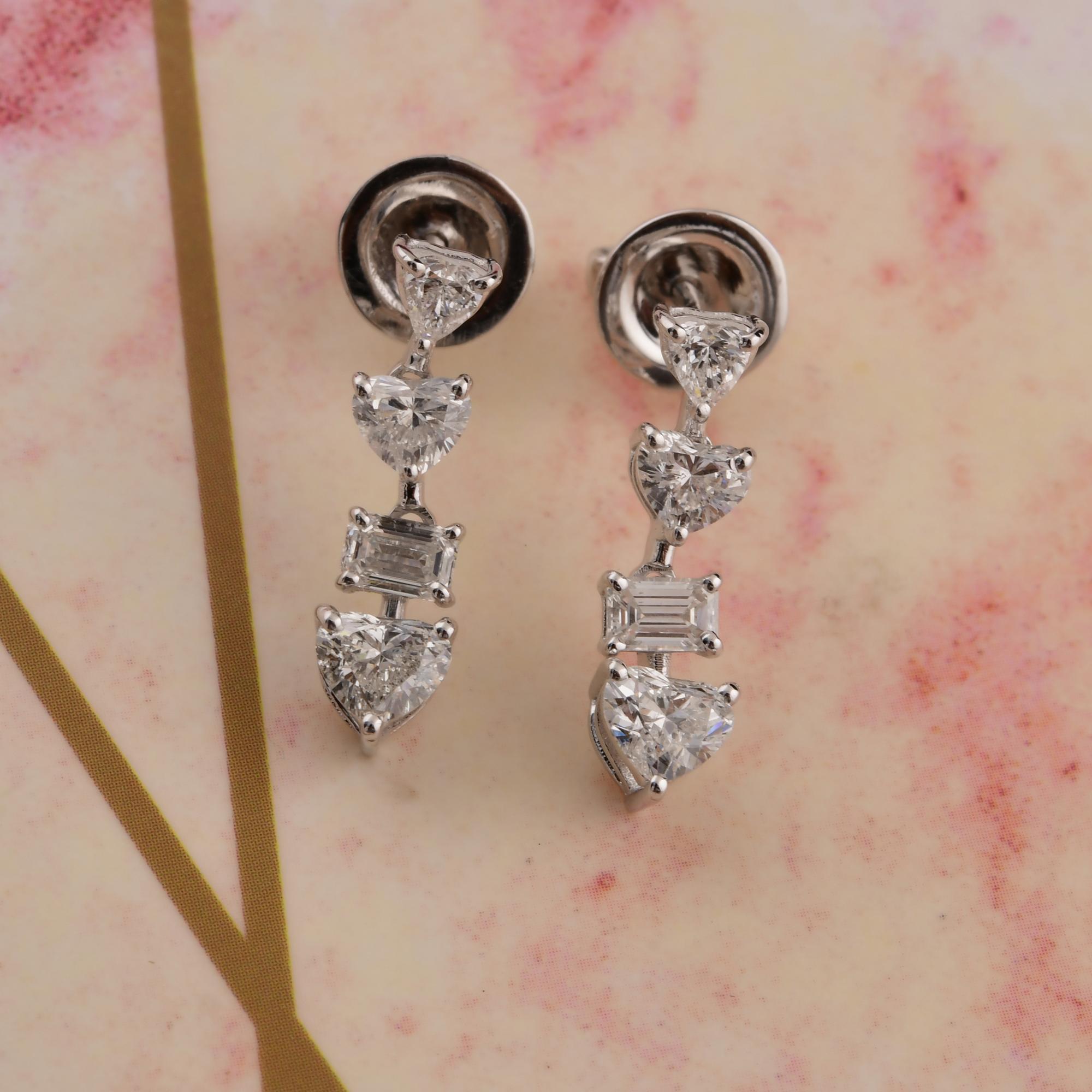 Modern Natural 1.55 Carat SI/H Heart Emerald Cut Diamond Earrings 14 Karat White Gold For Sale
