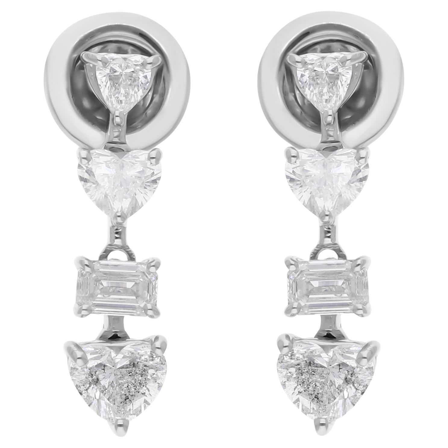 Natural 1.55 Carat SI/H Heart Emerald Cut Diamond Earrings 18 Karat White Gold