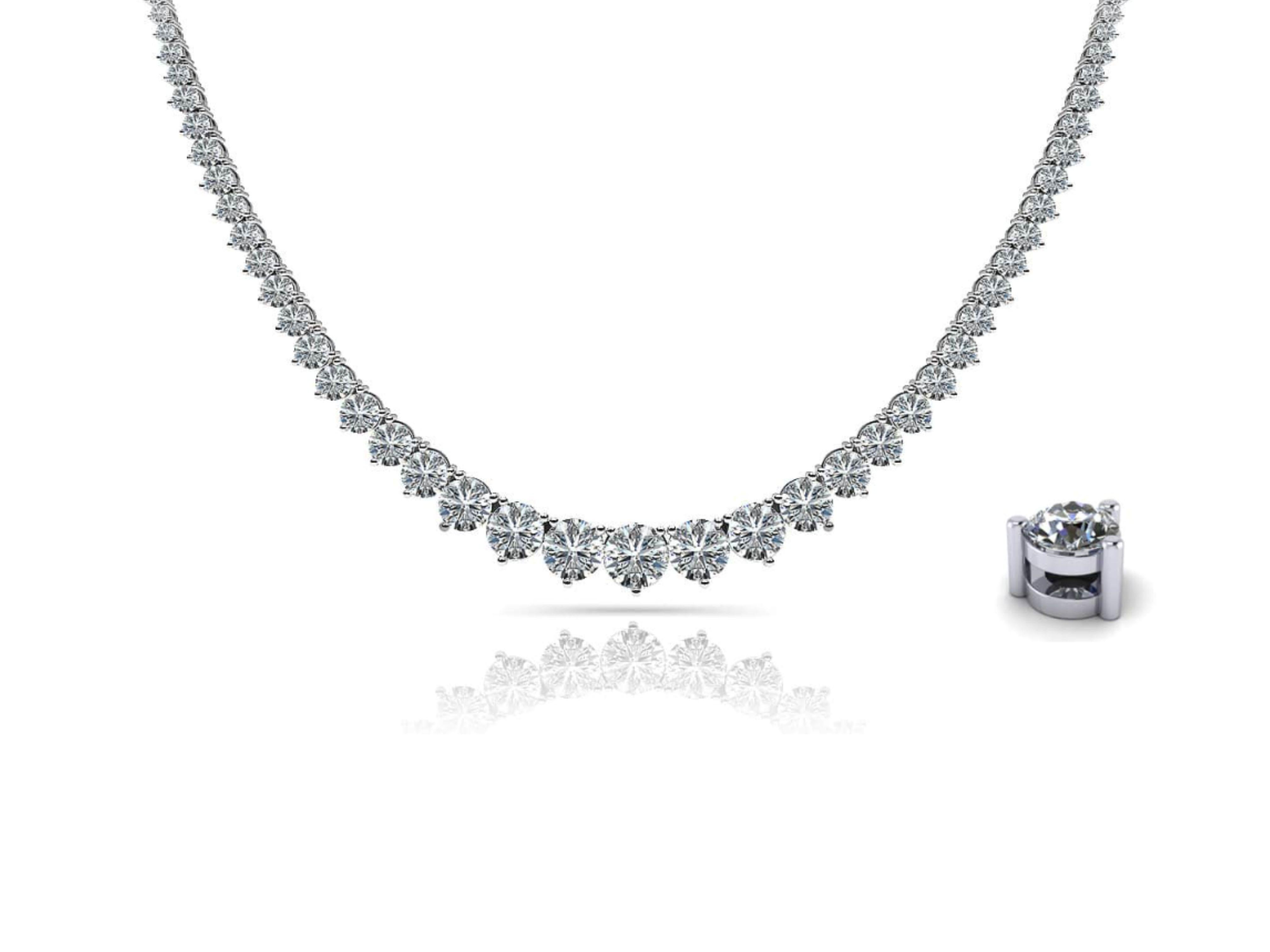 15.50 Carat Total Natural Graduated Diamond Riviera Necklace in Platinum.

This unisex necklace features 134 individual natural round brilliant cut white diamonds. Together, the diamonds carry a weight of 15.50 carats. The larger diamonds measure