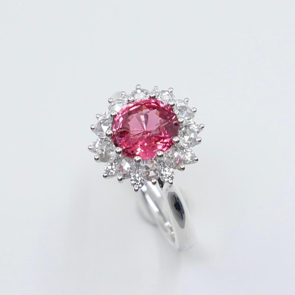 Crazy Color! Natural 7mm Neon Orangey Pink Spinel & Rose Cut Diamond Ring. For Sale 5