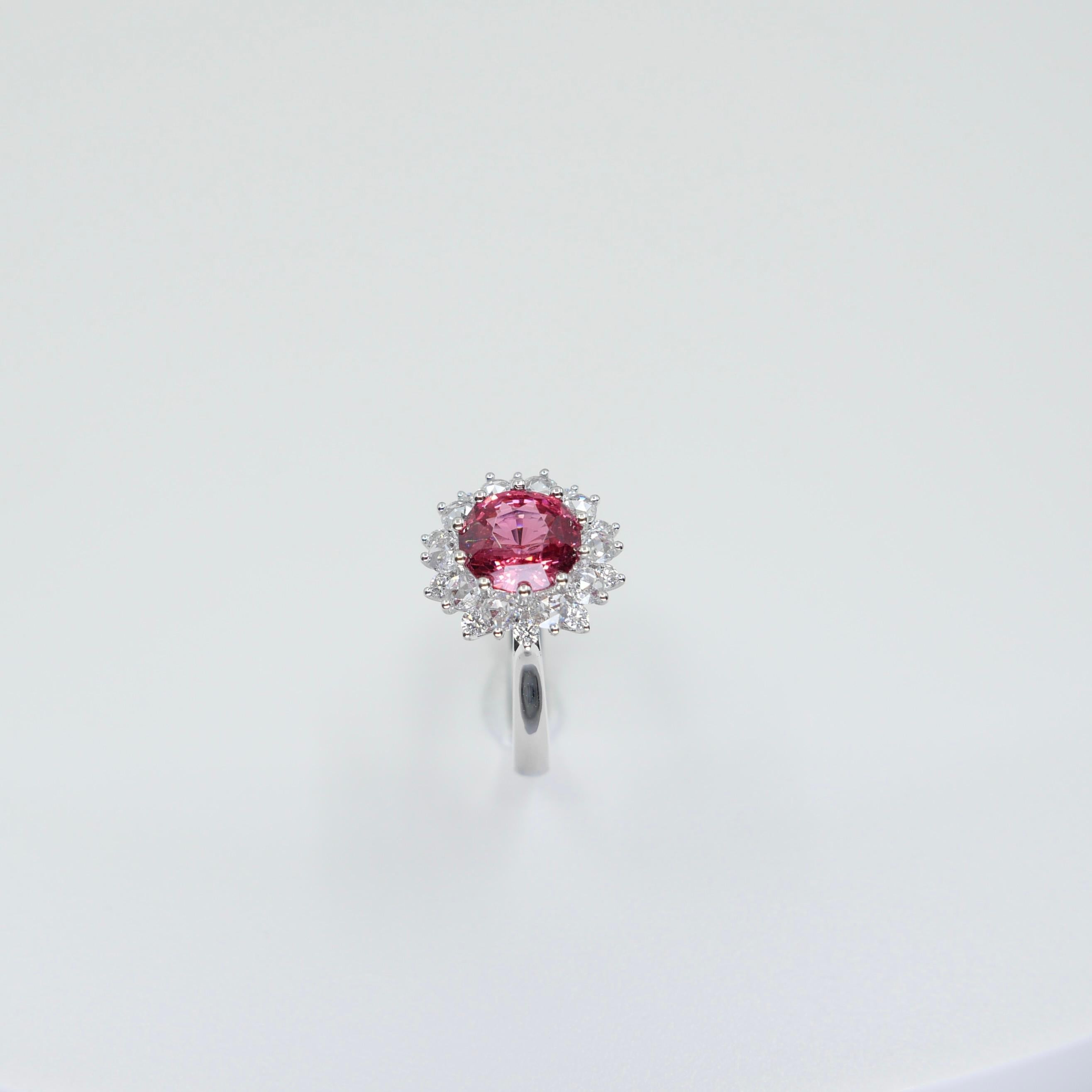 Crazy Color! Natural 7mm Neon Orangey Pink Spinel & Rose Cut Diamond Ring. For Sale 6