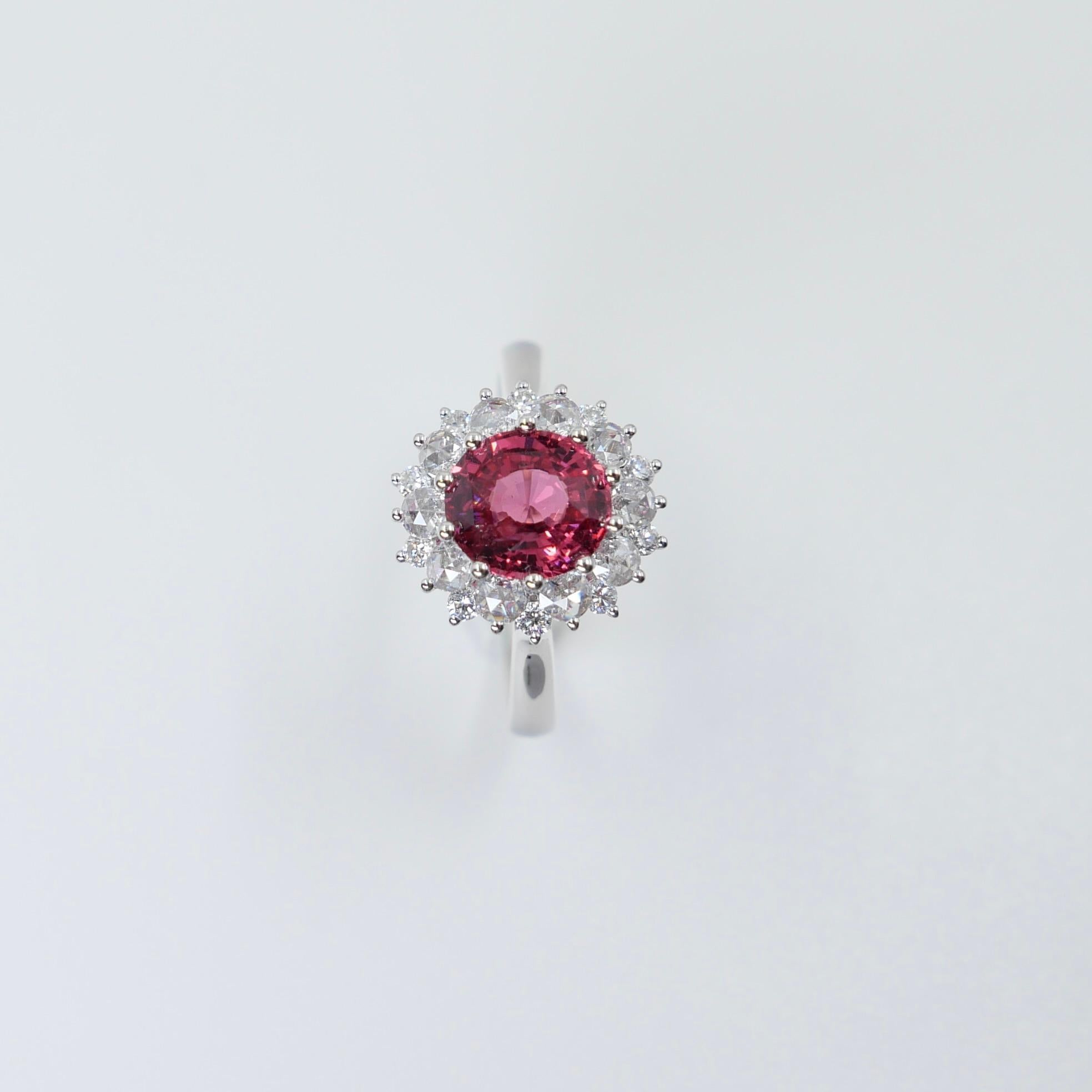Crazy Color! Natural 7mm Neon Orangey Pink Spinel & Rose Cut Diamond Ring. For Sale 8