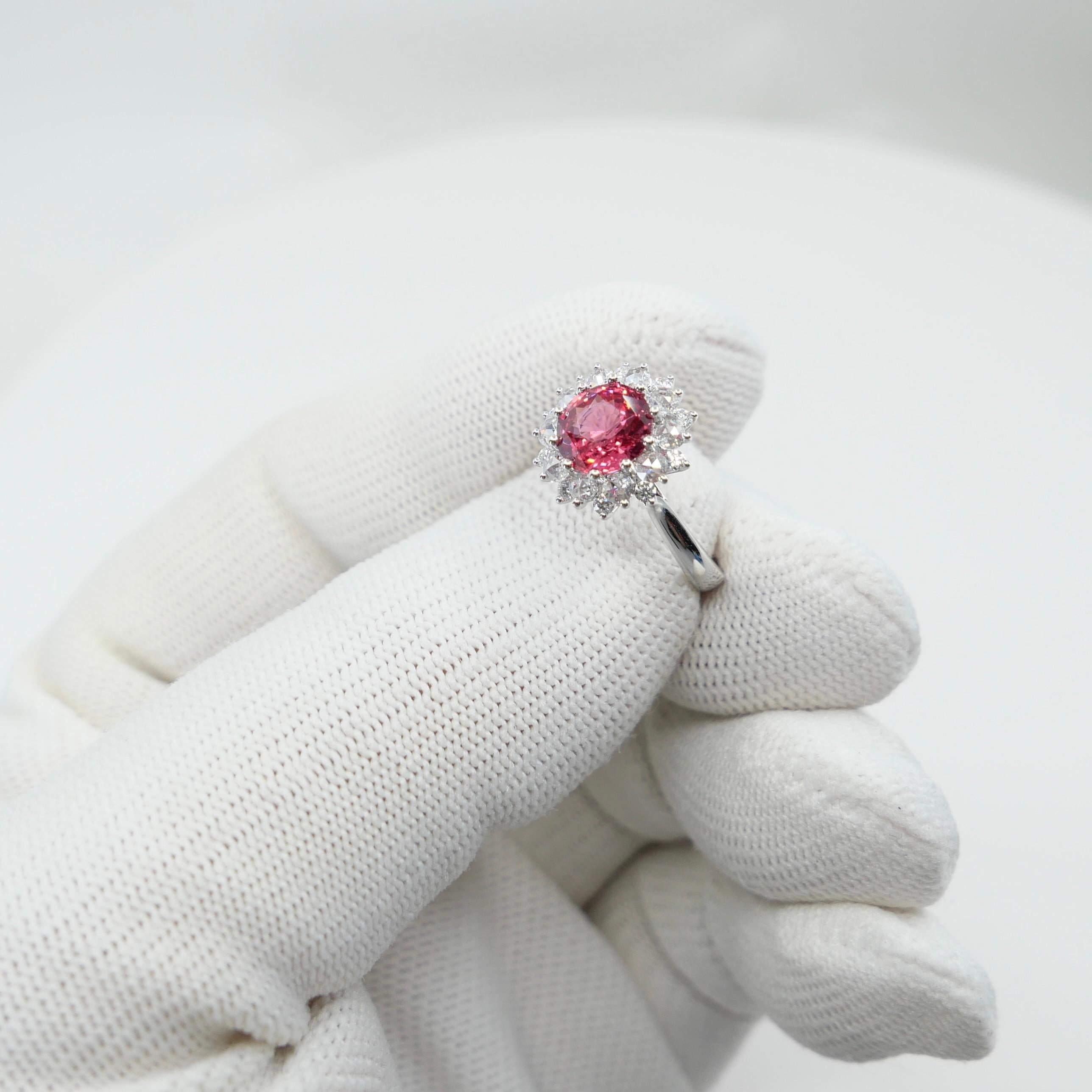 Crazy Color! Natural 7mm Neon Orangey Pink Spinel & Rose Cut Diamond Ring. For Sale 10