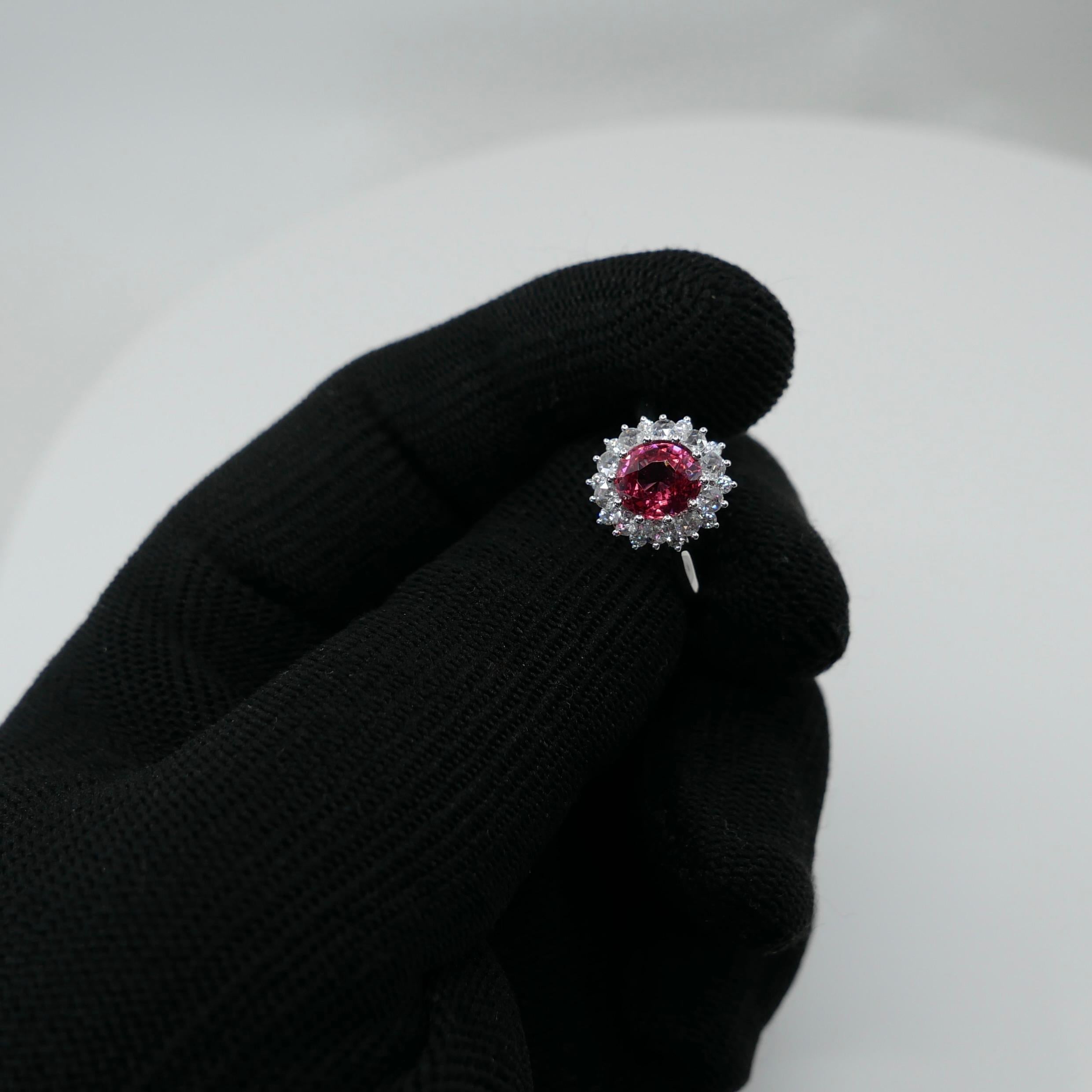 Crazy Color! Natural 7mm Neon Orangey Pink Spinel & Rose Cut Diamond Ring. For Sale 11