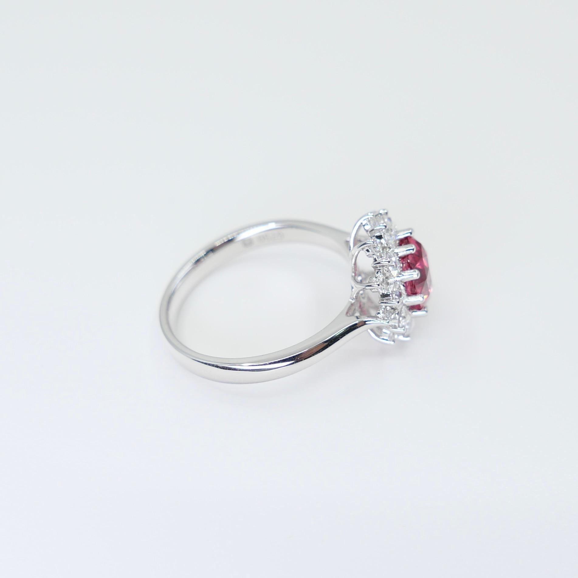 Crazy Color! Natural 7mm Neon Orangey Pink Spinel & Rose Cut Diamond Ring. For Sale 12
