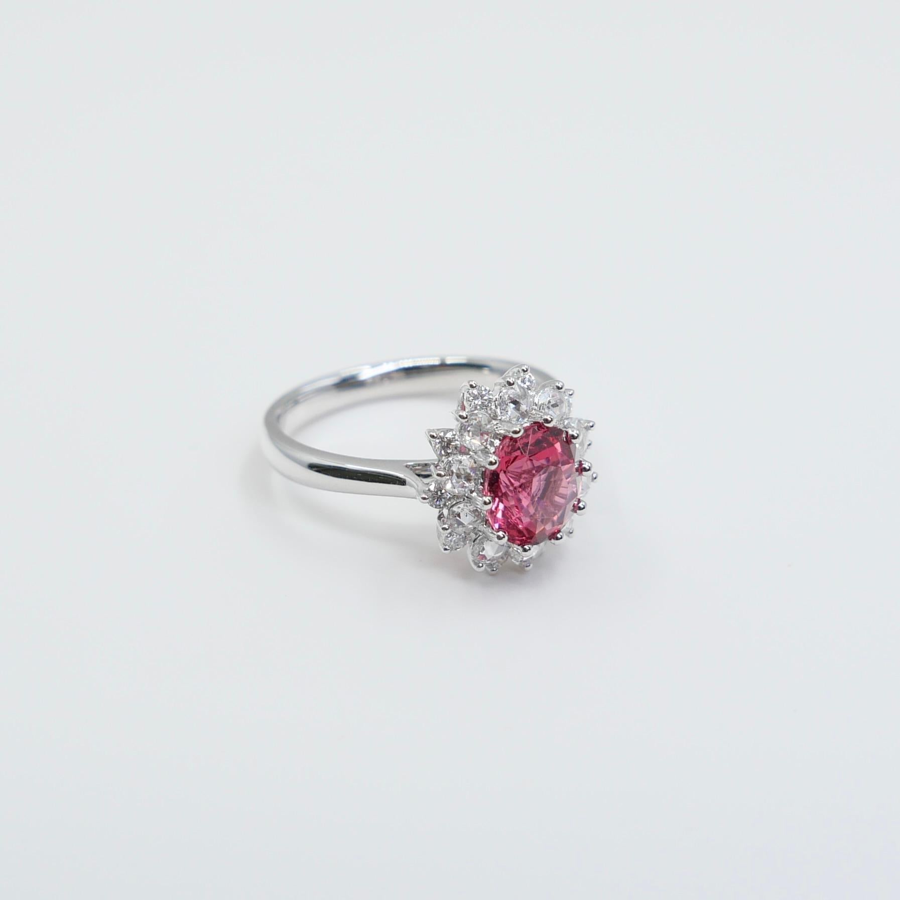 Crazy Color! Natural 7mm Neon Orangey Pink Spinel & Rose Cut Diamond Ring. For Sale 13