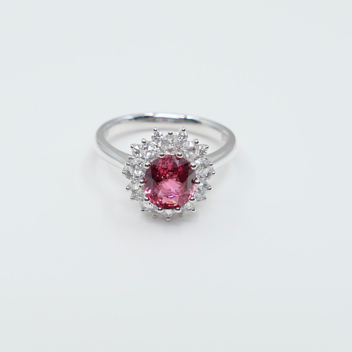 Crazy Color! Natural 7mm Neon Orangey Pink Spinel & Rose Cut Diamond Ring. For Sale 14