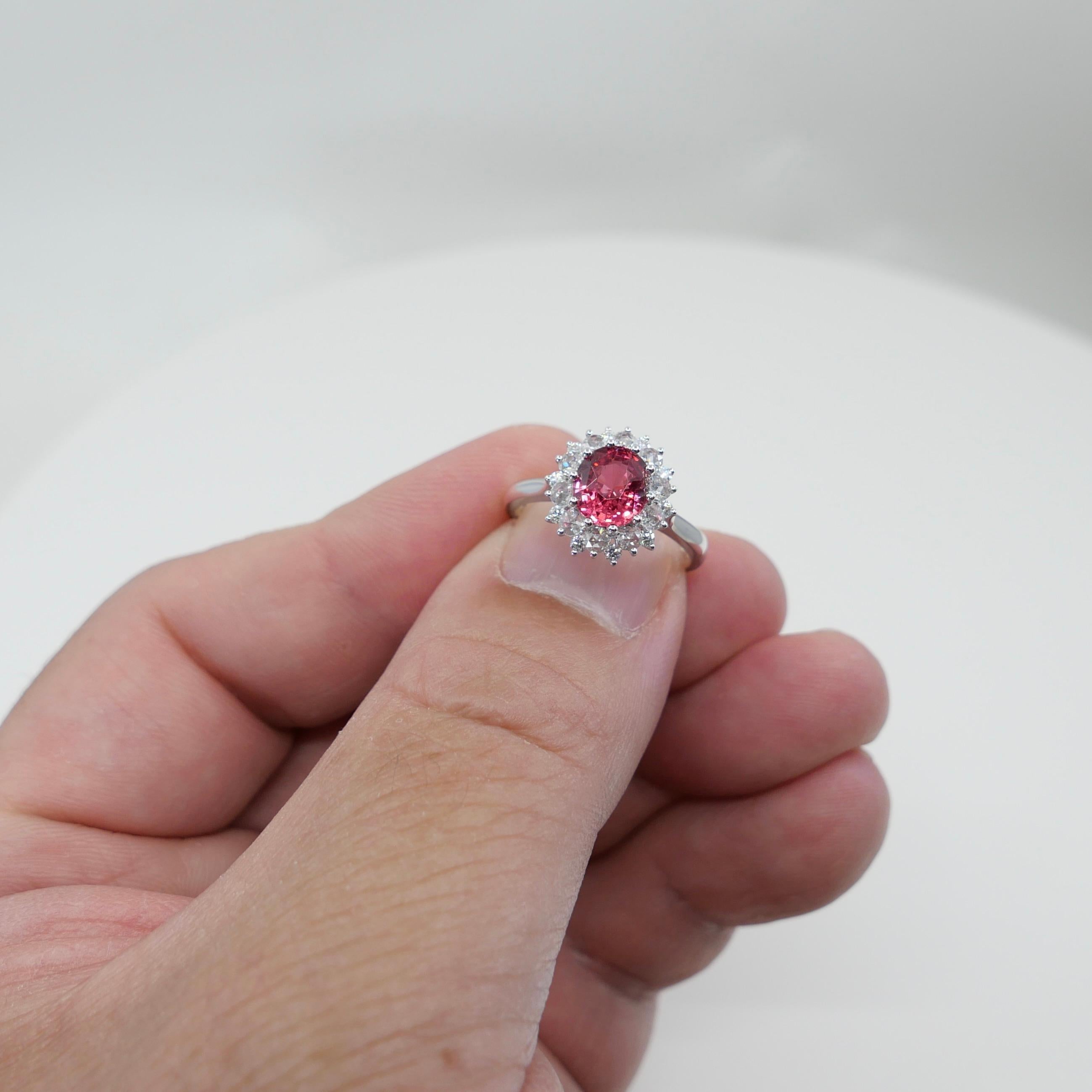 Oval Cut Crazy Color! Natural 7mm Neon Orangey Pink Spinel & Rose Cut Diamond Ring. For Sale