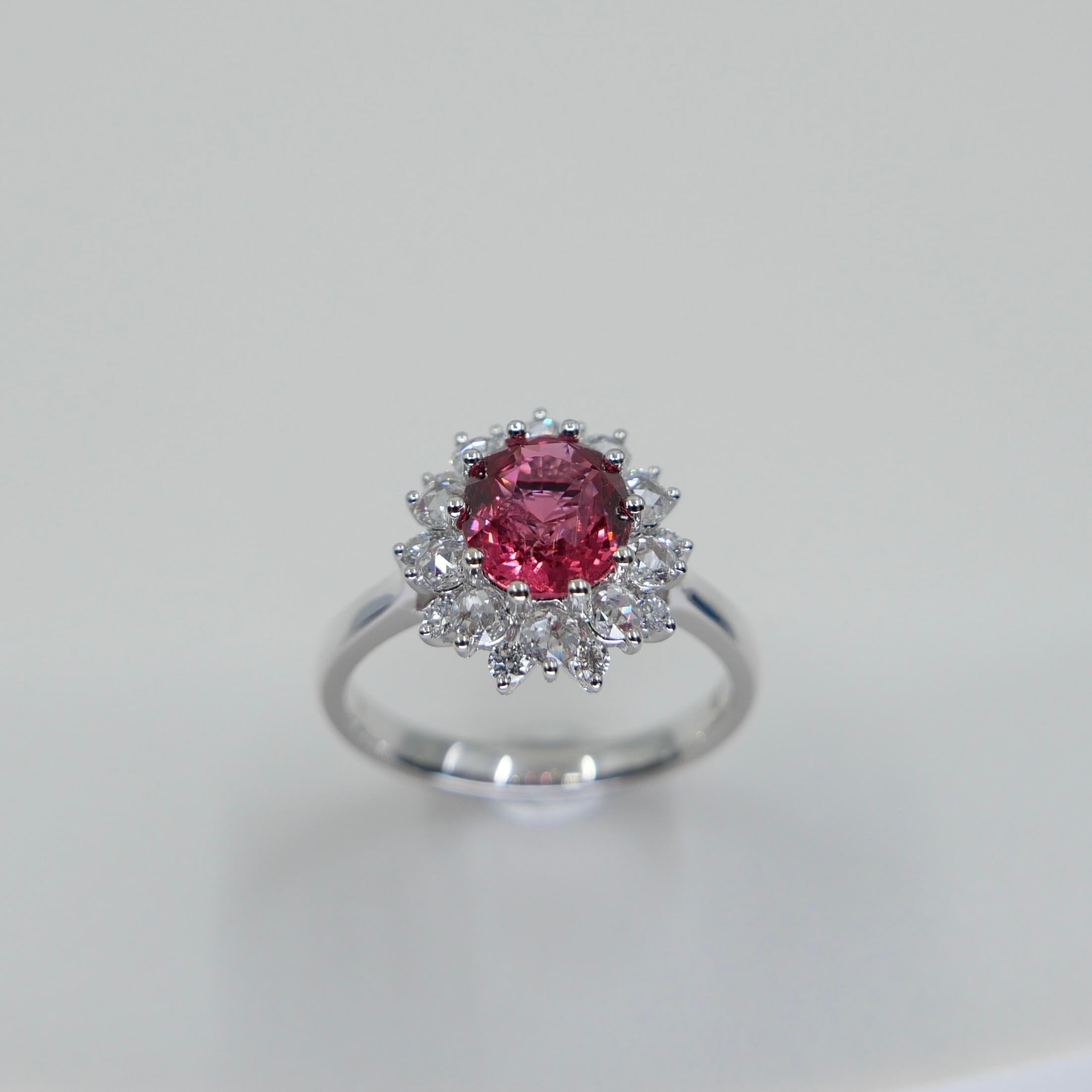 Women's Crazy Color! Natural 7mm Neon Orangey Pink Spinel & Rose Cut Diamond Ring. For Sale