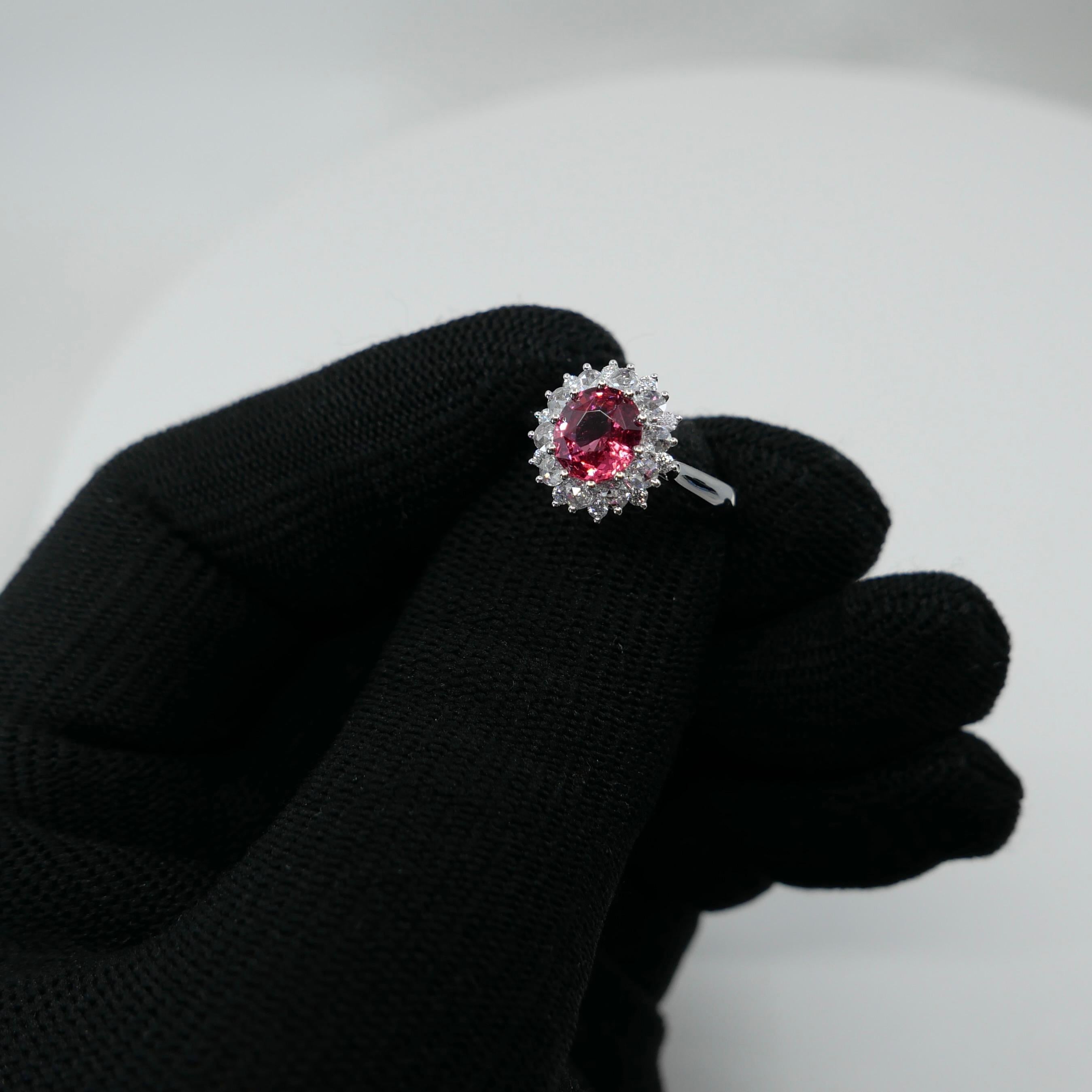 Crazy Color! Natural 7mm Neon Orangey Pink Spinel & Rose Cut Diamond Ring. For Sale 2