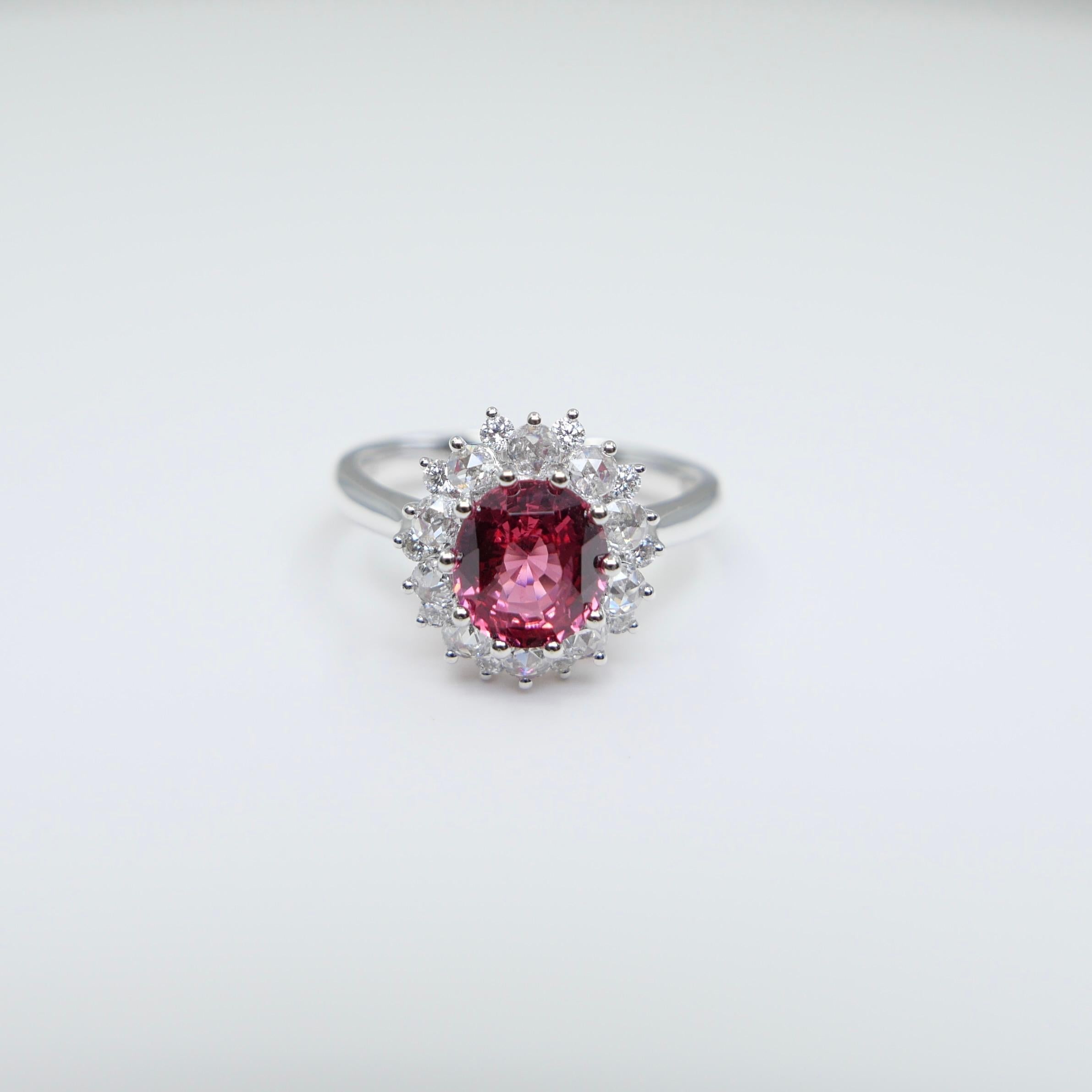 Crazy Color! Natural 7mm Neon Orangey Pink Spinel & Rose Cut Diamond Ring. For Sale 3