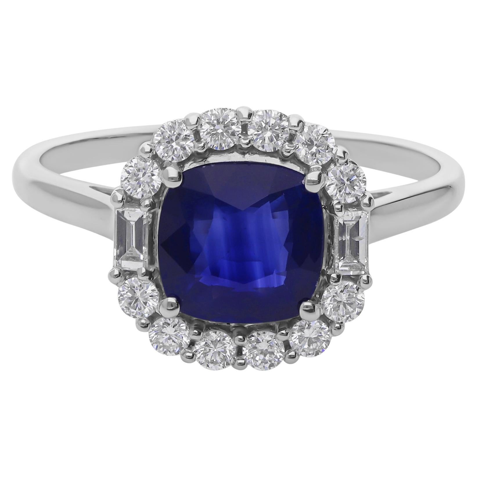Natural 1.59 Carat Blue Sapphire 0.33 Ct SI/H Diamond 18 Karat White Gold Ring