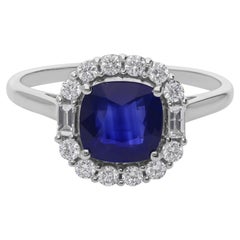 Natural 1.59 Carat Blue Sapphire 0.33 Ct SI/H Diamond 18 Karat White Gold Ring
