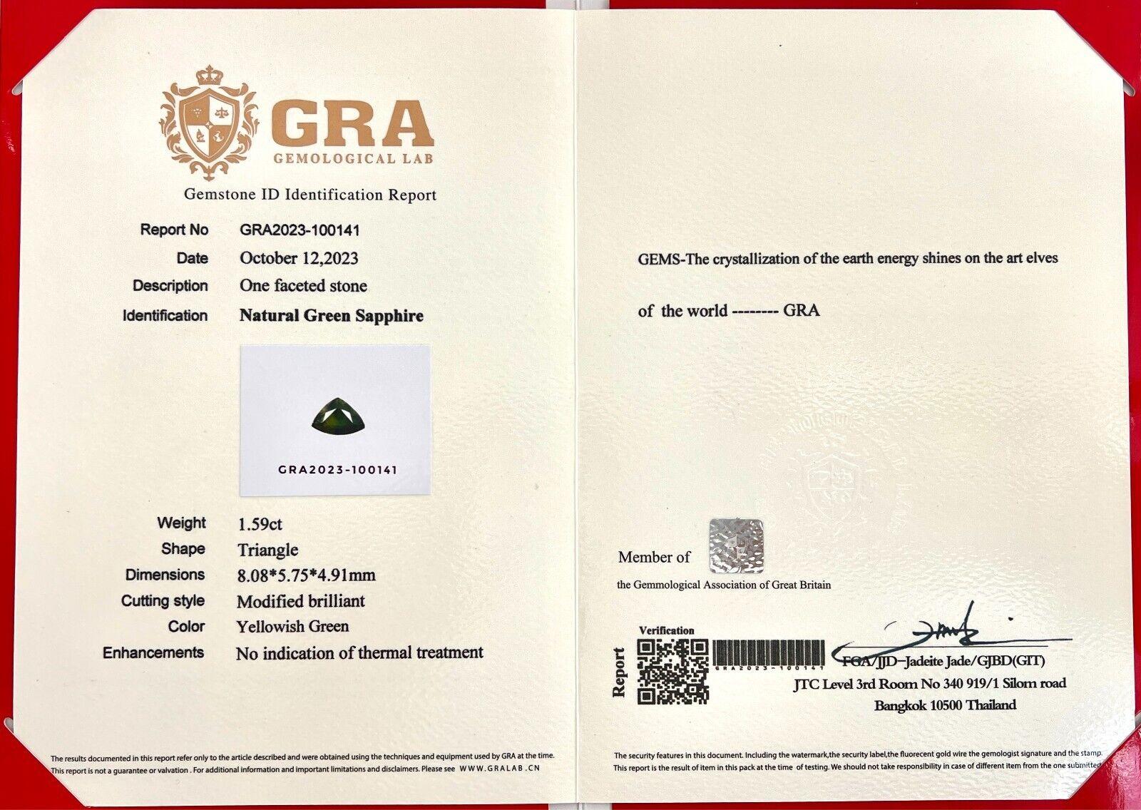 Trillion Cut Natural 1.59Ct Sapphire Gra Certified Untreated Yellow Green Triangle Trillion For Sale