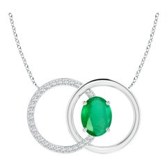 Natural 1.5ct Emerald Interlocking Circle Necklace with Diamond 14K White Gold