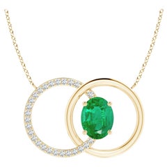 Natural 1.5ct Emerald Interlocking Circle Necklace with Diamond 14K Yellow Gold