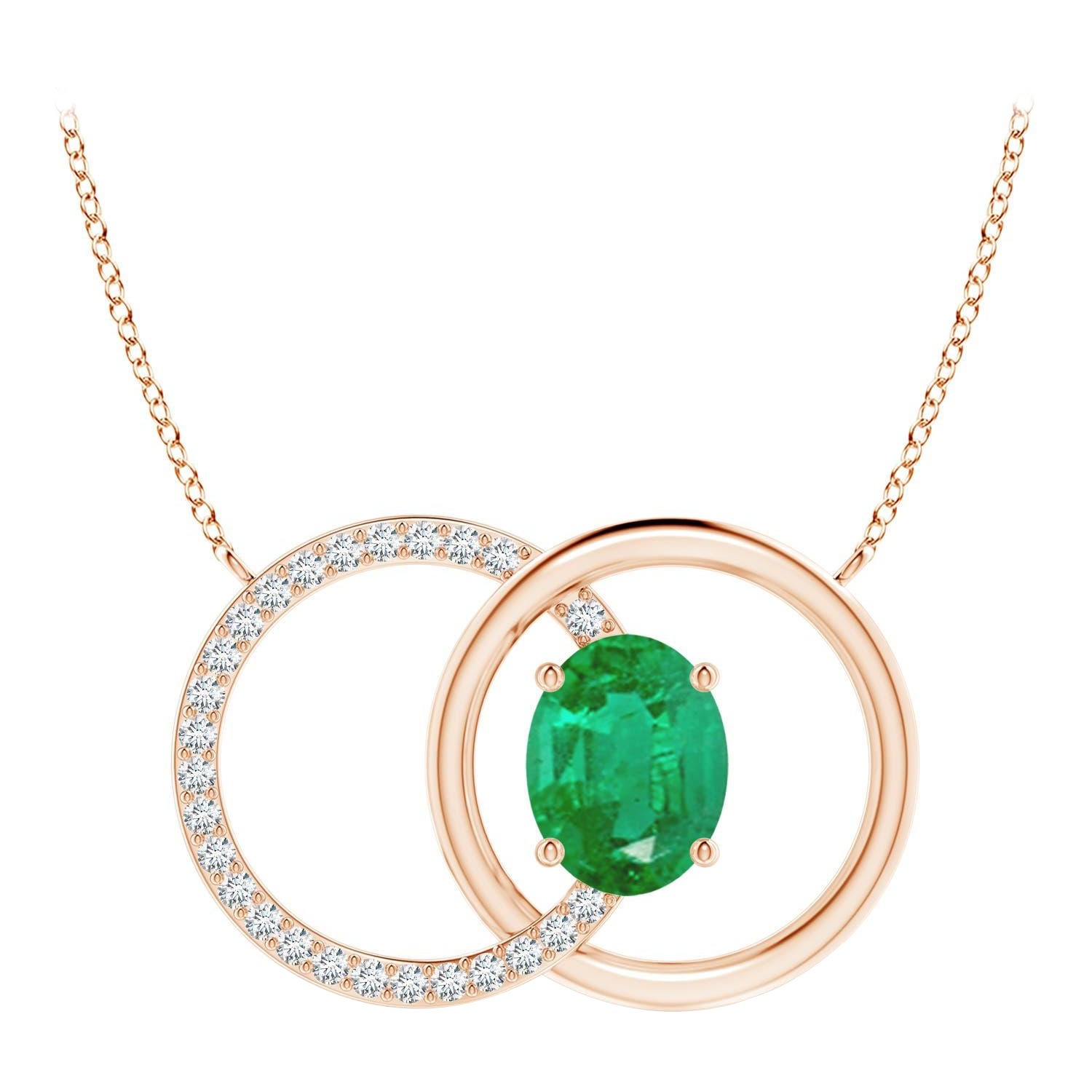 Natürlicher 1,5ct Smaragd ineinandergreifender Kreis Halskette mit Diamant in 14K Rose Gold