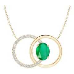Natural 1.5ct Emerald Interlocking Circle Necklace with Diamond in Yellow Gold