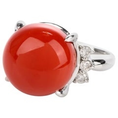 Natural Red Coral Diamond Claw Prong Platinum Cocktail Ring