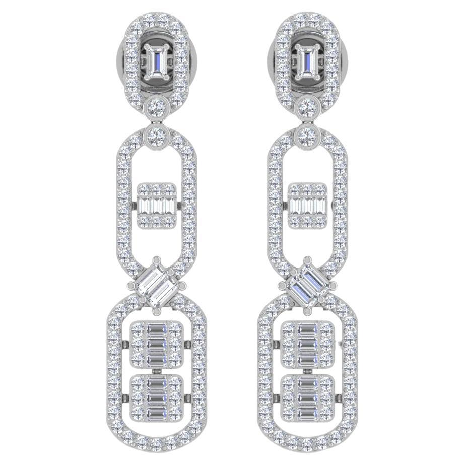 Natural 1.6 Carat Diamond Pave Dangle Earrings Solid 14k White Gold Fine Jewelry For Sale