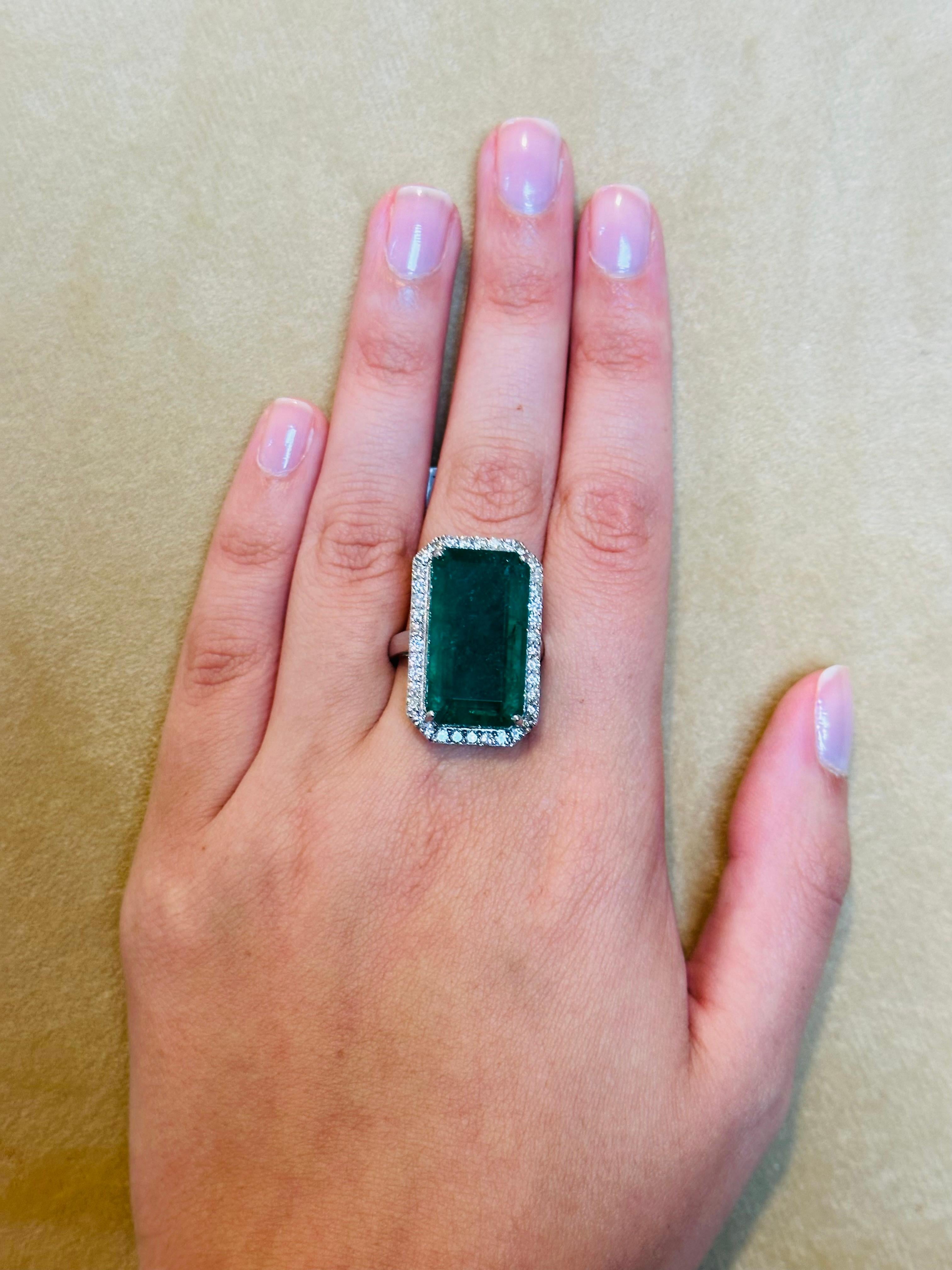 Natural 16 Carat Emerald Cut Zambian Emerald & Diamond Ring in 14kt White Gold For Sale 6