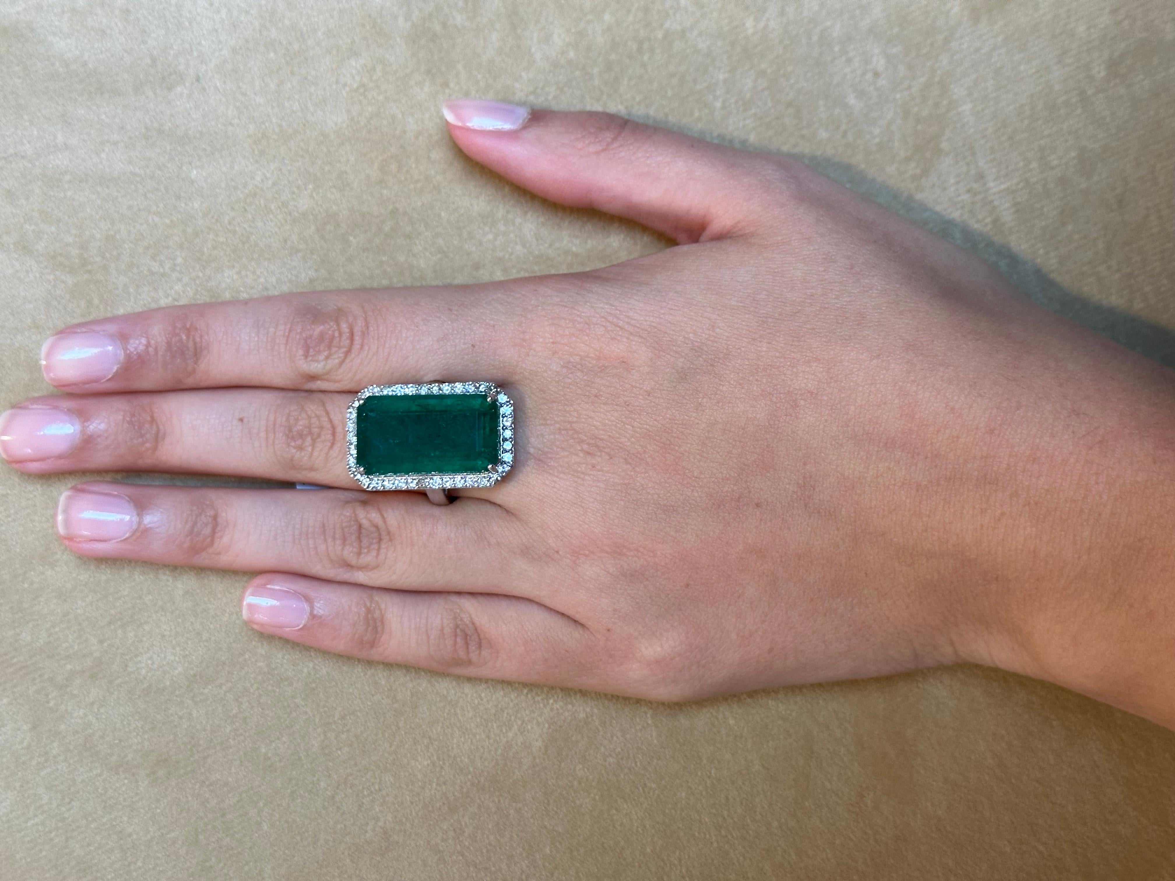 Natural 16 Carat Emerald Cut Zambian Emerald & Diamond Ring in 14kt White Gold For Sale 8