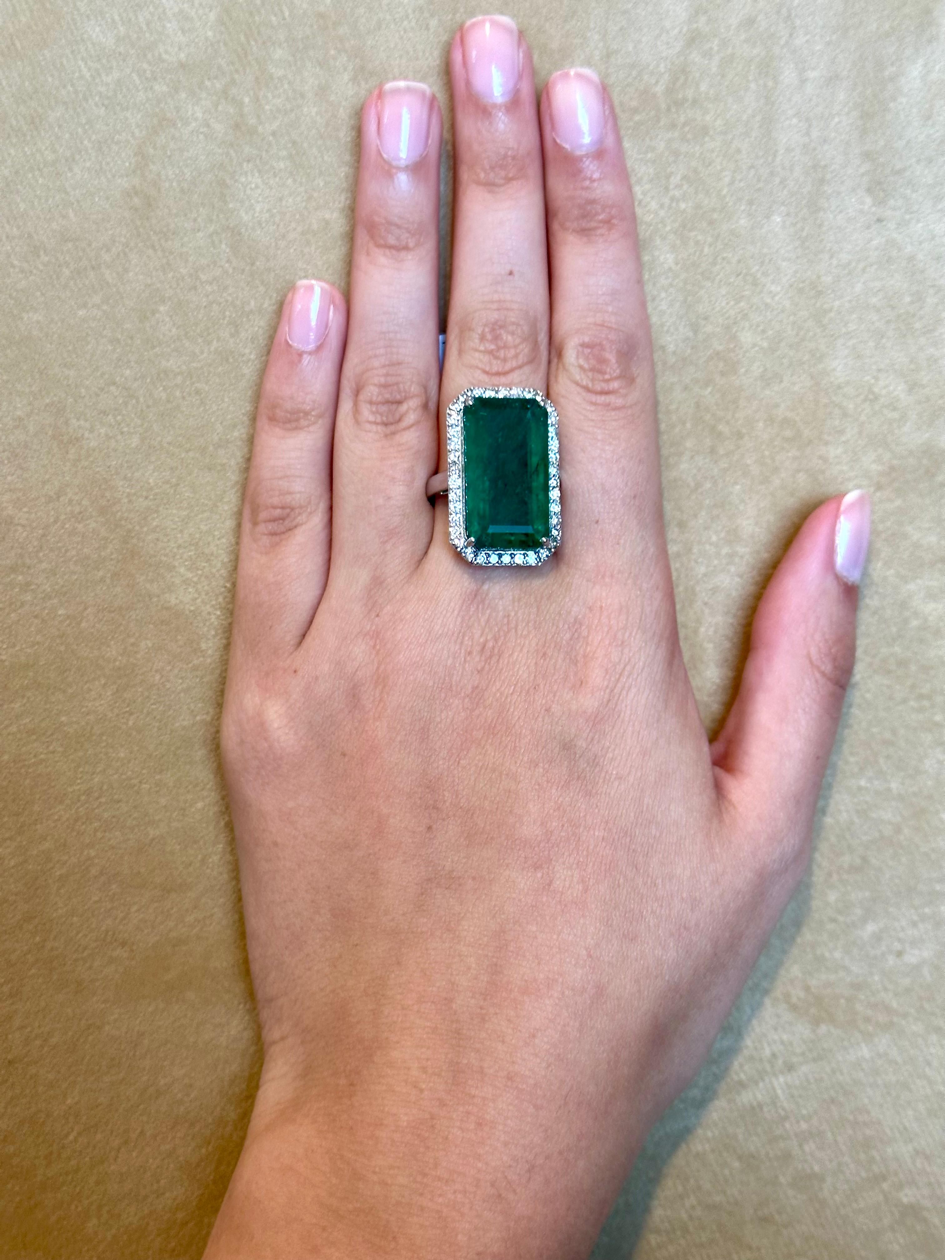 Natural 16 Carat Emerald Cut Zambian Emerald & Diamond Ring in 14kt White Gold For Sale 9