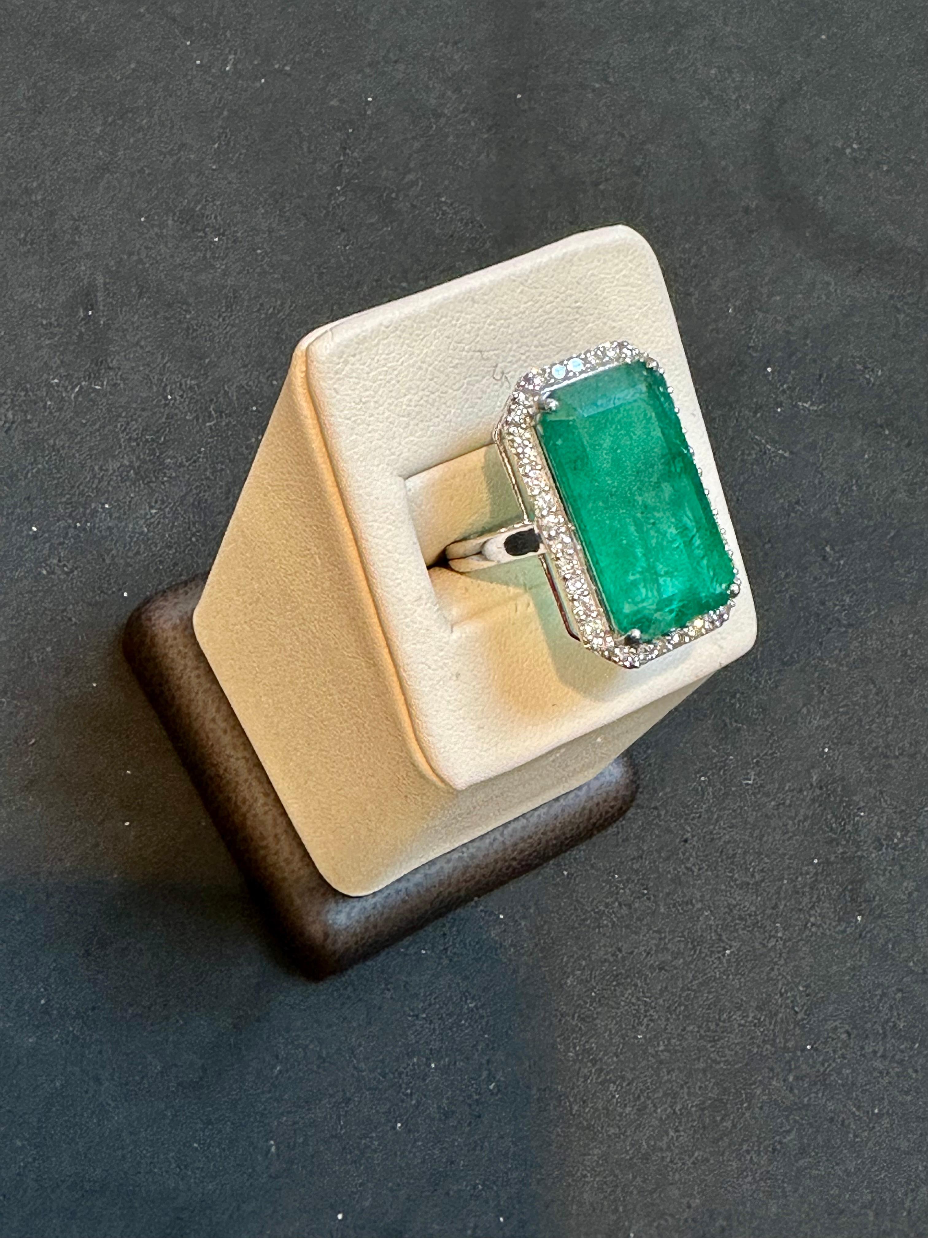 Natural 16 Carat Emerald Cut Zambian Emerald & Diamond Ring in 14kt White Gold For Sale 2