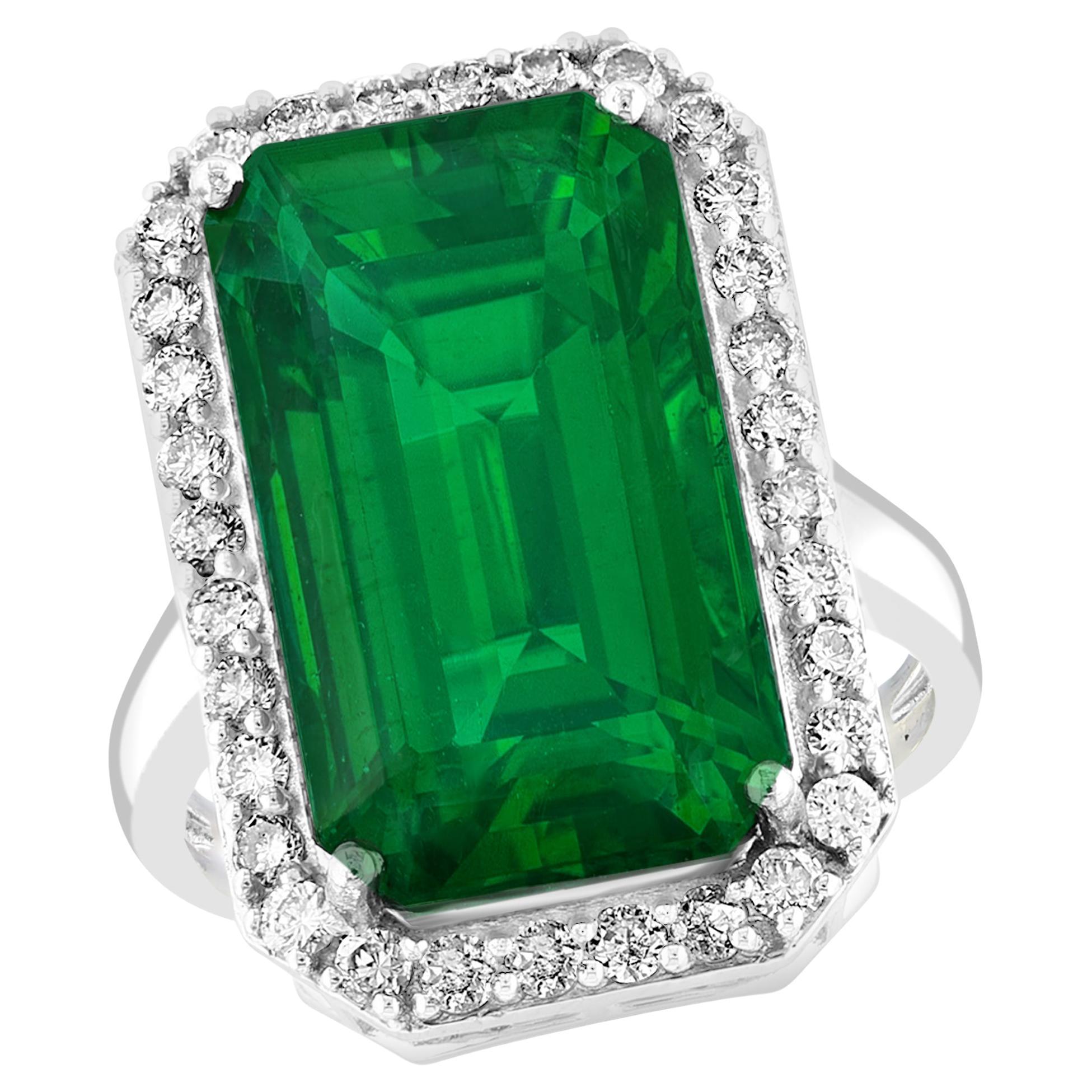 Natural 16 Carat Emerald Cut Zambian Emerald & Diamond Ring in 14kt White Gold For Sale