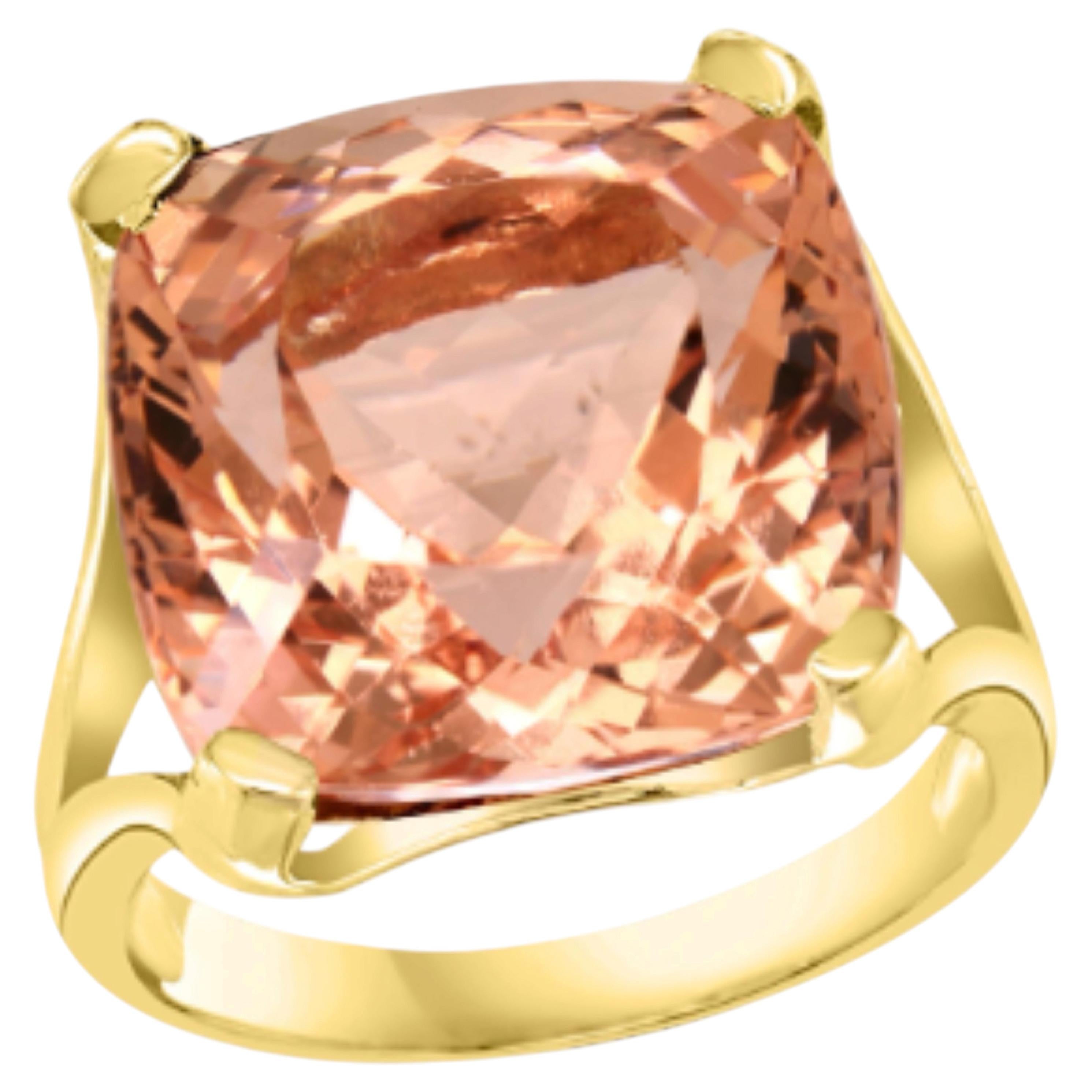 Designer 14K Yellow Gold 16ct Morganite Halo Ring, Cushion Cut