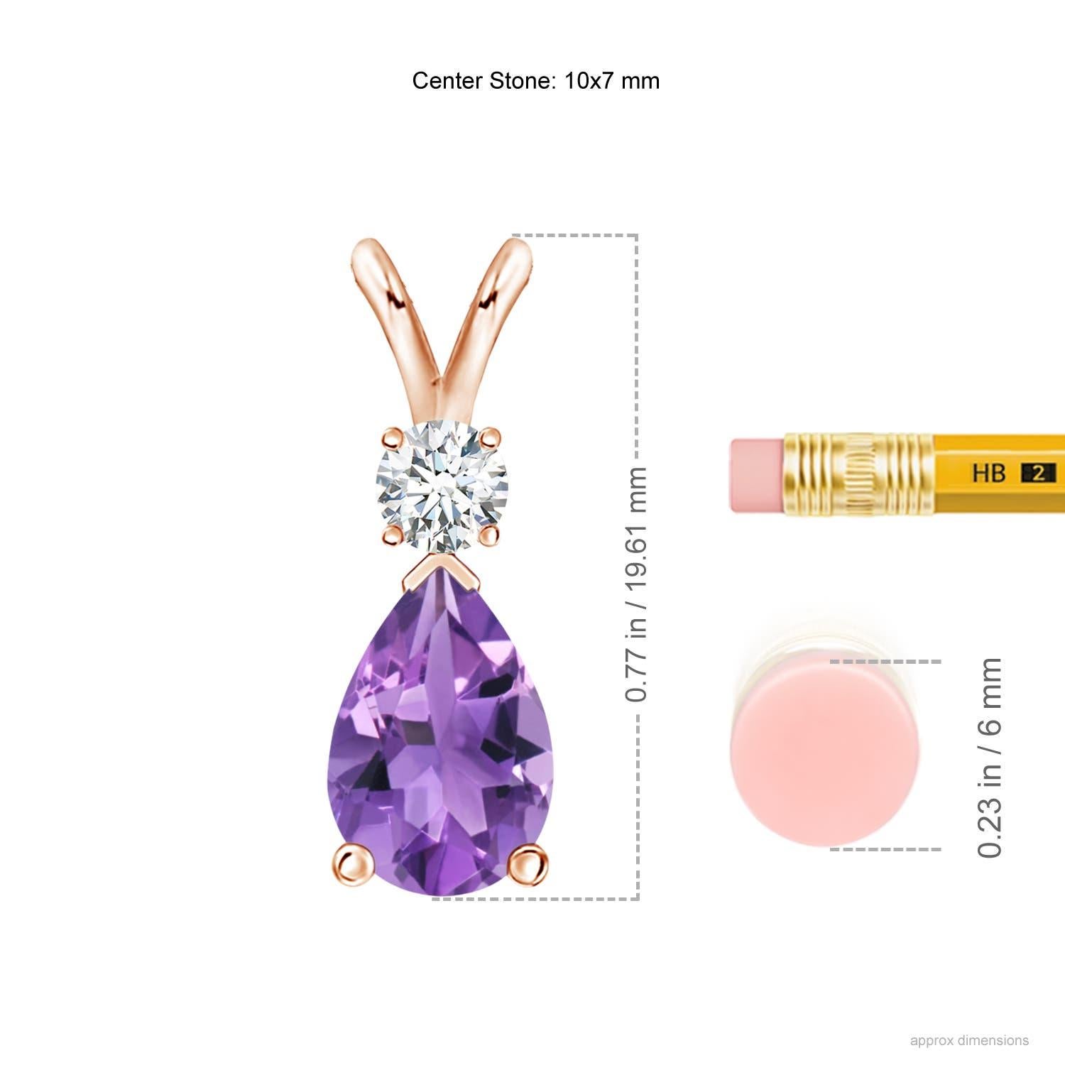 A pear-shaped deep purple amethyst is secured in a prong setting and embellished with a diamond accent on the top. Simple yet stunning, this teardrop amethyst pendant with V bale is sculpted in 14k rose gold.